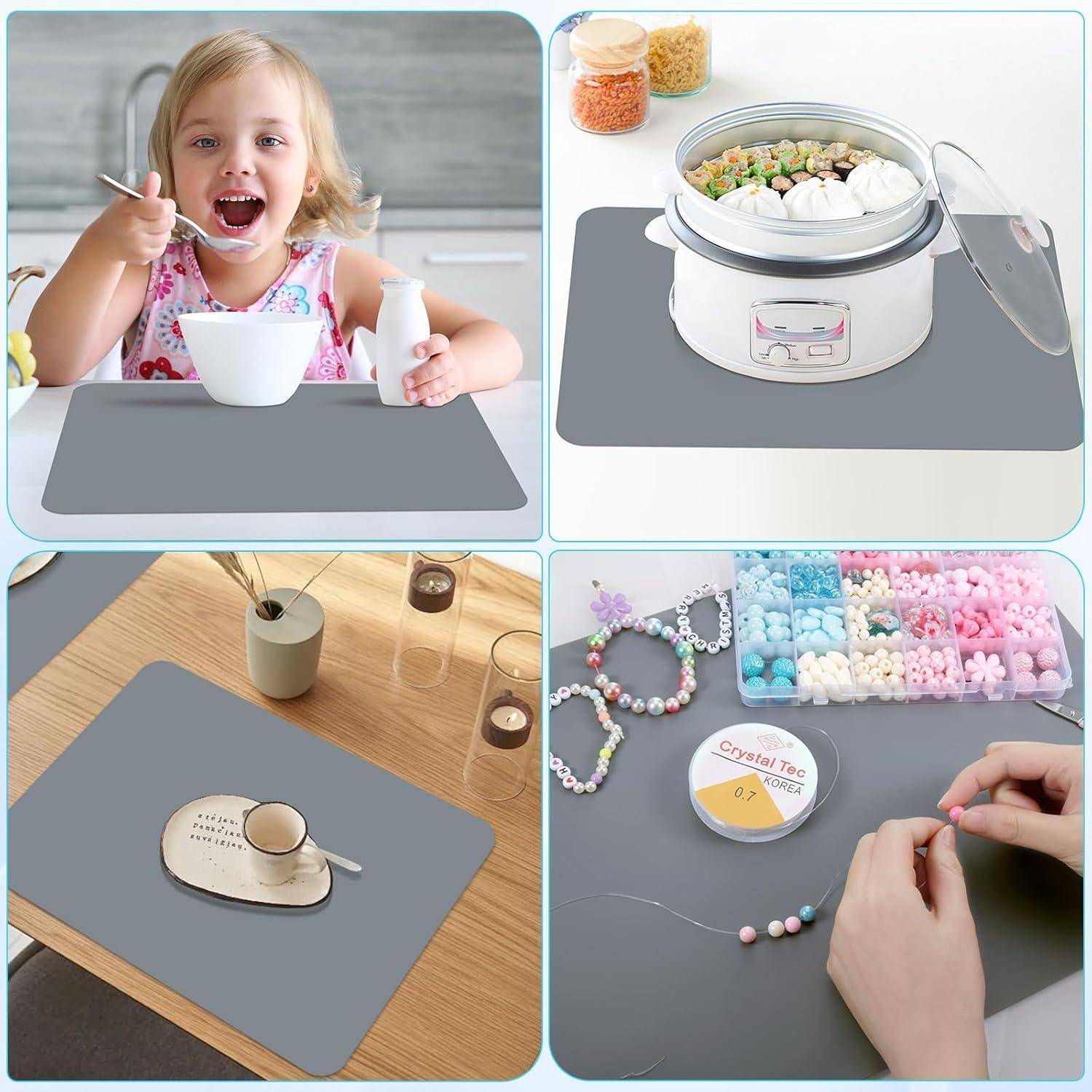 Ein Kind genießt das Frühstück an einem Tisch; andere Bilder zeigen kreative Verwendungsmöglichkeiten von Tischsets zum Basteln, Kochen und Servieren von Getränken.