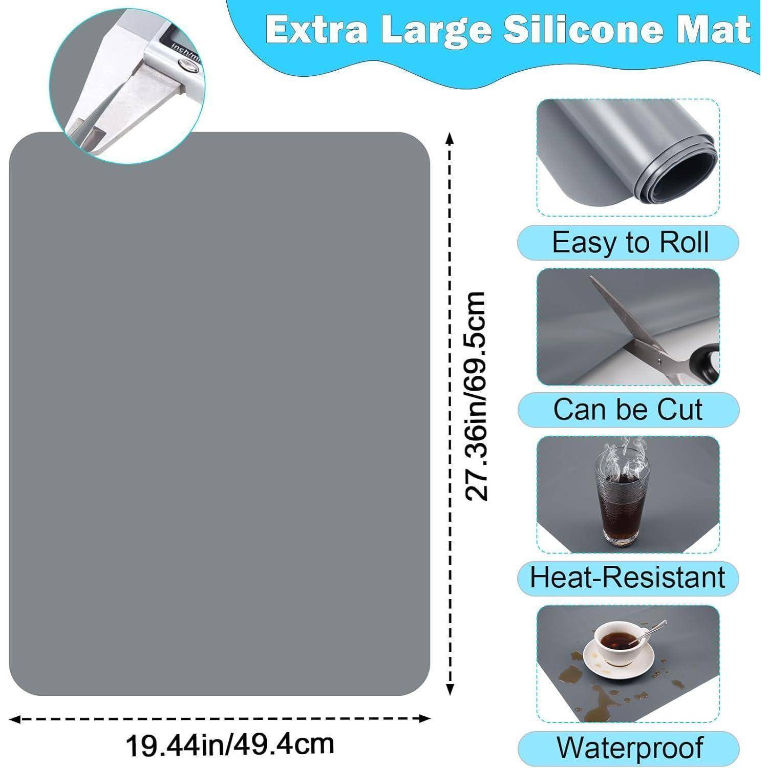 Extra Large Silicone Mat' bietet eine aufgerollte Matte, die mit einer Schere geschnitten wird, einen hitzebeständigen Becher auf der Matte, wasserdichten Schutz und eine Größe von 19,44 x 27,36 Zoll.