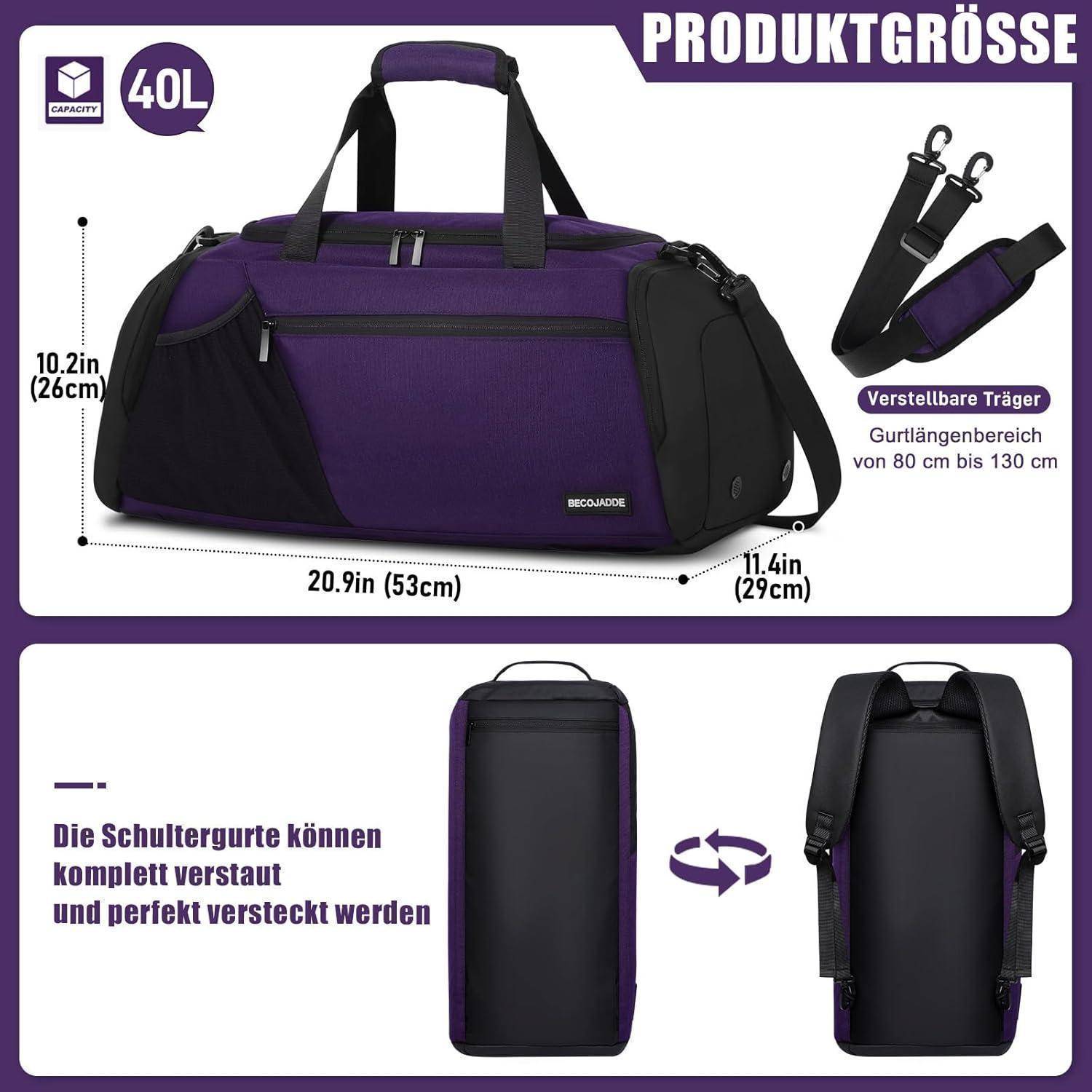 Eine lila und schwarze Reisetasche mit verstellbaren Schultergurten und versteckten Fächern. Abmessungen: 20,9 Zoll (53 cm) lang, 11,4 Zoll (29 cm) breit, 10,2 Zoll (26 cm) hoch, 40 Liter Fassungsvermögen.