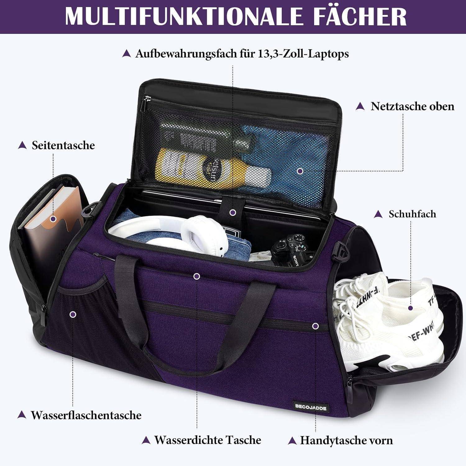 Ein schwarzer und lila Sporttasche mit beschrifteten Fächern, darunter eine Laptophülle, Seitentasche, Wasserflaschenhalter, Schuhfach und Handytasche.