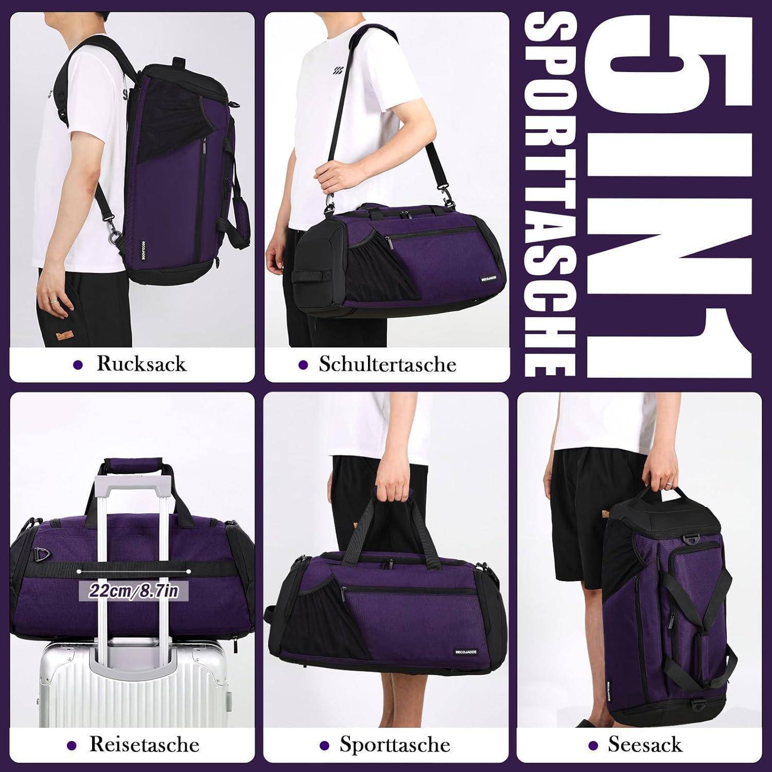 Männliches Model, das eine vielseitige lila Sporttasche in verschiedenen Stilen trägt: Rucksack, Umhängetasche, Reisegepäck, Handtasche und Sporttasche.