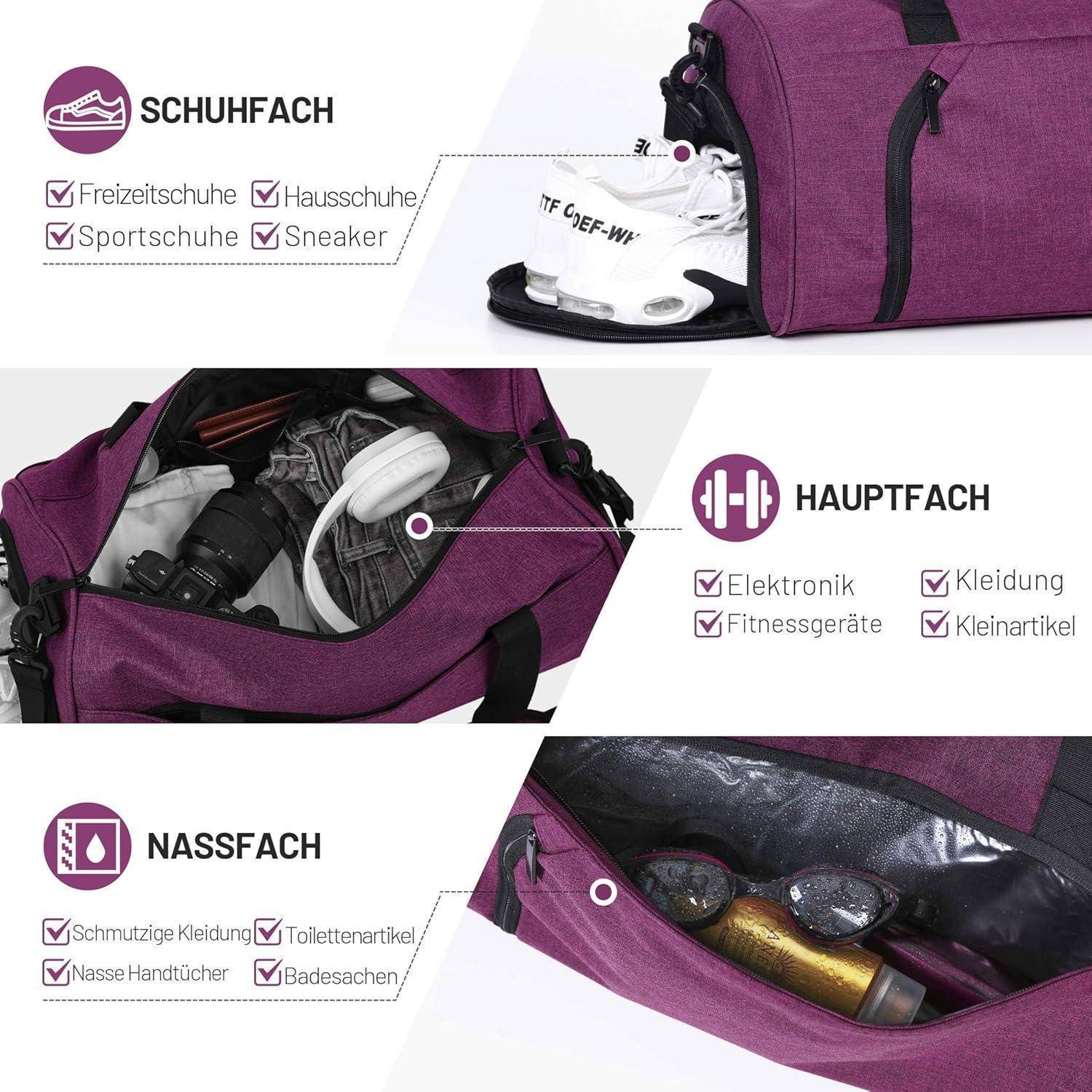 Eine lila Sporttasche wird präsentiert mit beschrifteten Fächern: ‚Schuhfach' für Schuhe, ‚Hauptfach' für Hauptgegenstände und ‚Nassfach' für nasse Sachen.