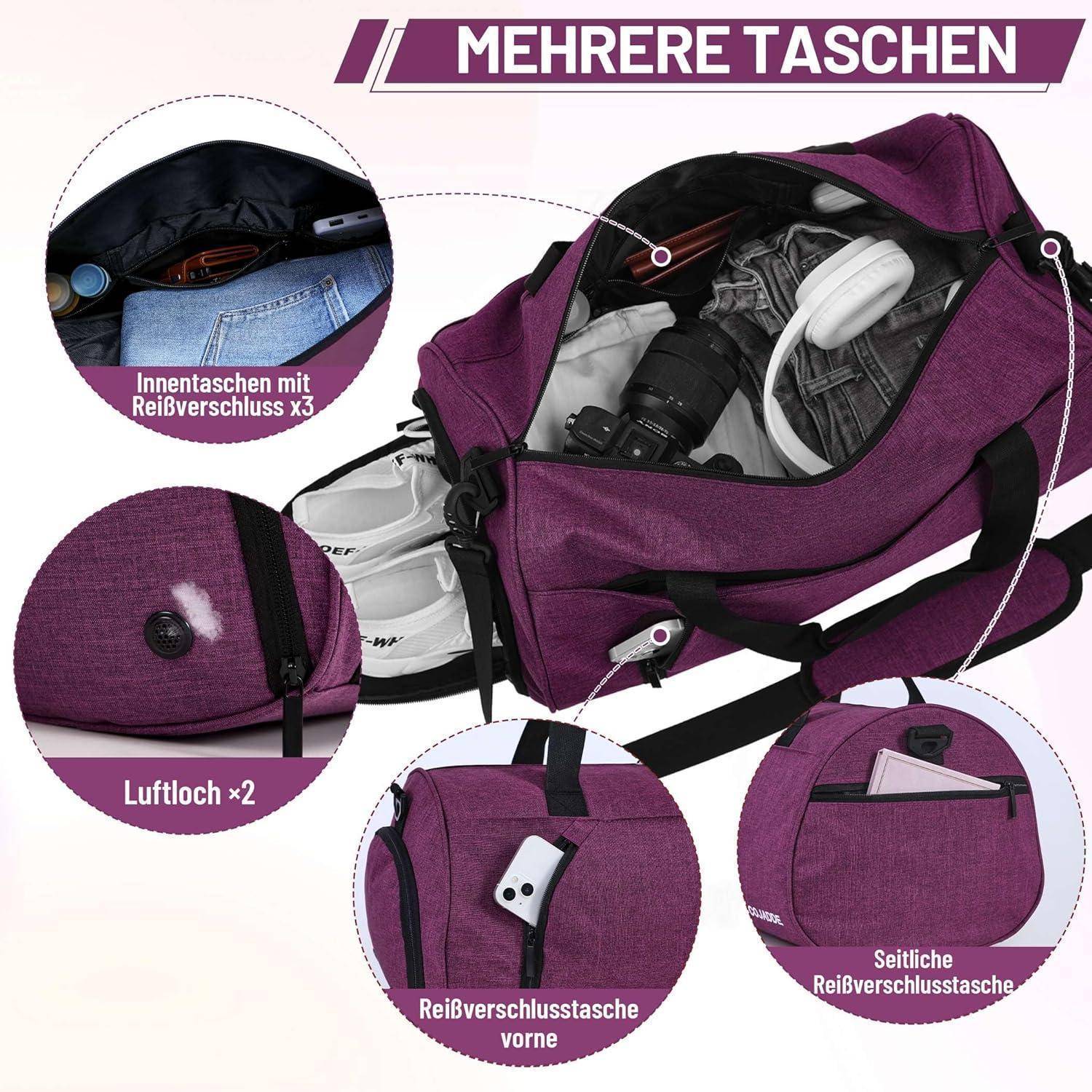 Eine lila Tasche mit beschrifteten Merkmalen: mehrere Taschen, innere Reißverschlusstaschen (3x), Belüftungslöcher (2x), Fronttasche mit Reißverschluss für Handy, Sportinnenraum mit Wasserflasche und Schuhen.