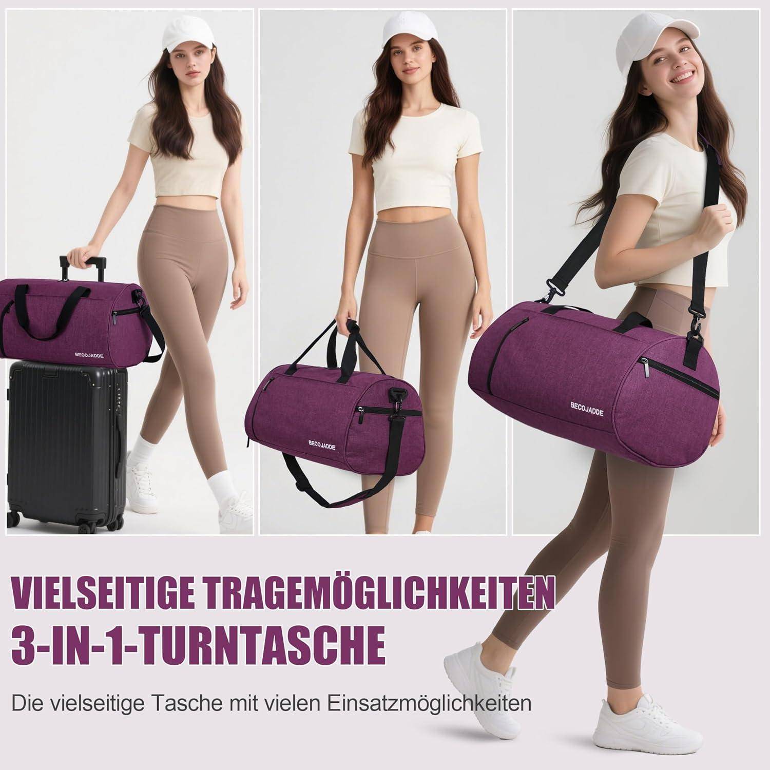 Eine Frau präsentiert eine vielseitige 3-in-1-Sporttasche in Lila. Der Text lautet: 