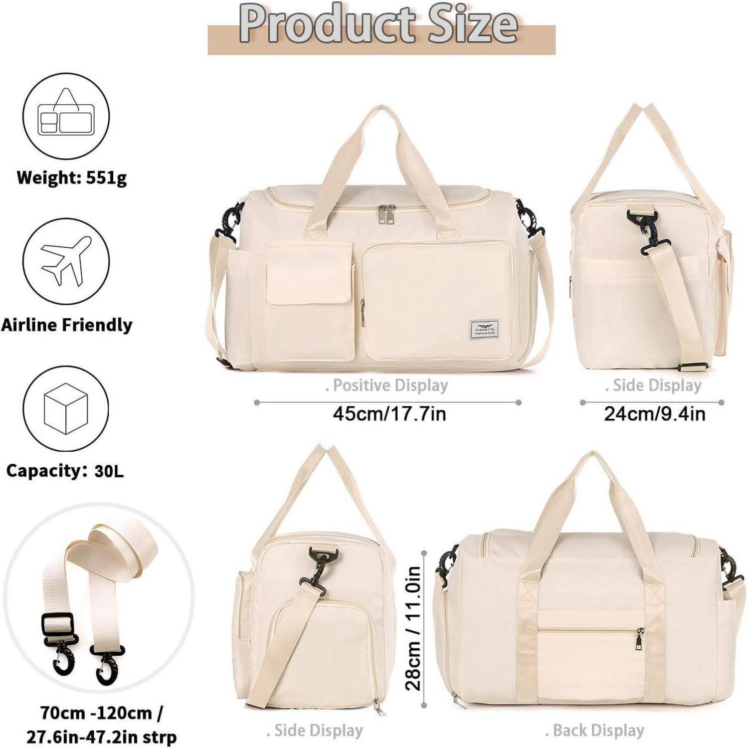 Größentabelle des Produkts: 45 cm x 28 cm x 24 cm, Gewicht 551 g, Kapazität 30 L. Inklusive verstellbarem Gurt und Taschen-Ansichten.