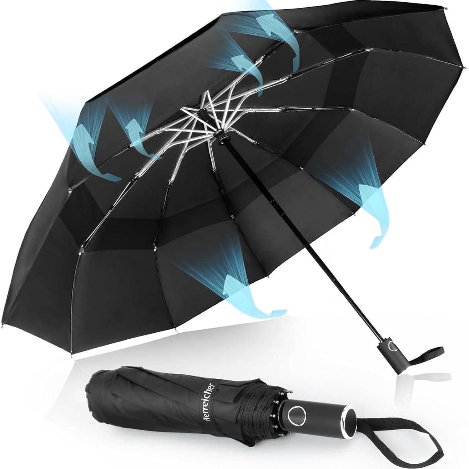 Ein schwarzer Regenschirm mit einem ergonomischen Griff präsentiert Windabweisende Technologie durch blaue Pfeile, die Luftströmung und Stabilität veranschaulichen.