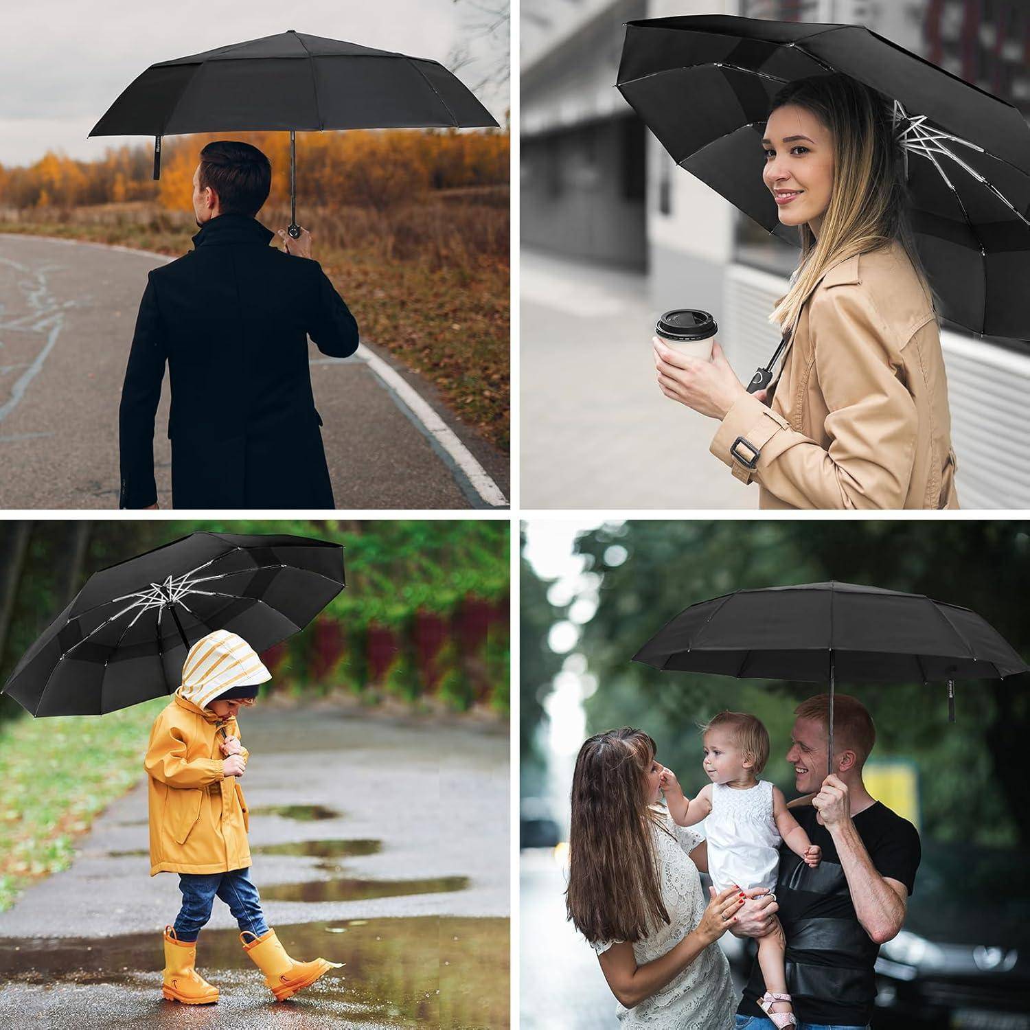 Vier Menschen mit schwarzen Regenschirmen: eine Person, die eine Straße entlanggeht, eine Frau mit Kaffee, ein Kind in Gelb und eine Familie mit einem Baby.