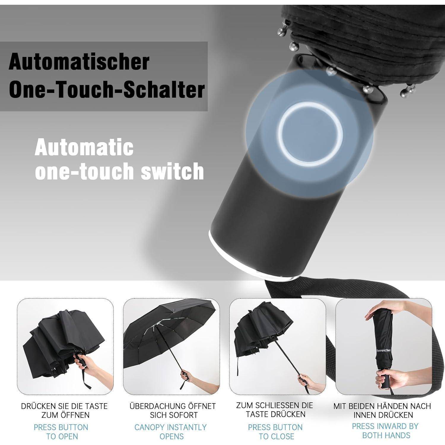 Ein schwarzer Regenschirm mit automatischer One-Touch-Funktion. Schritte veranschaulicht: Taste drücken zum Öffnen, automatisches Ausfahren, Taste zum Schließen drücken, zum manuellen Schließen beide Hände verwenden.