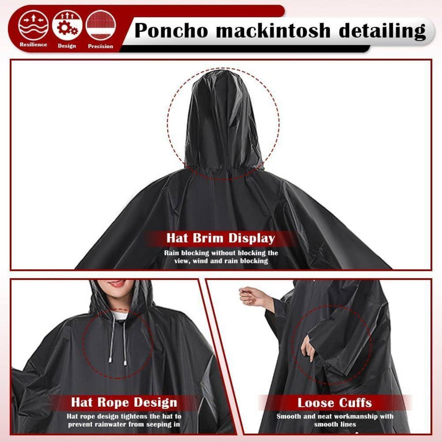 Poncho Mackintosh Details': Bild zeigt Regenponcho mit Kapuze, mit Hervorhebung von 'Hutkrempen-Anzeige', 'Hutschnur-Design' und 'Lockere Bündchen'.