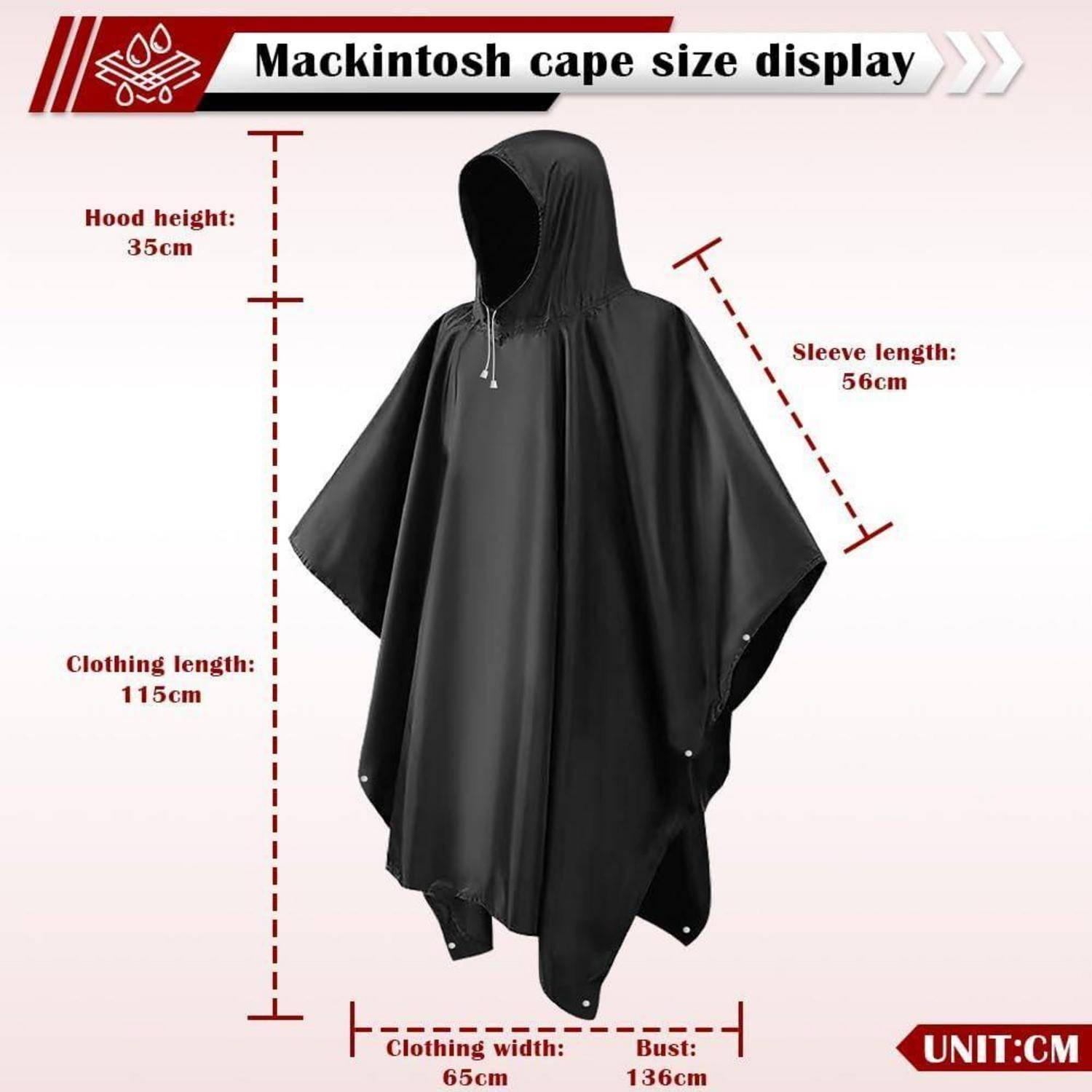 Mackintosh Cape Größenübersicht' zeigt einen schwarzen Umhang mit Kapuze. Maße: Kapuzenhöhe 35 cm, Ärmellänge 56 cm, Kleidungslänge 115 cm, Breite 65 cm und Brustumfang 136 cm.