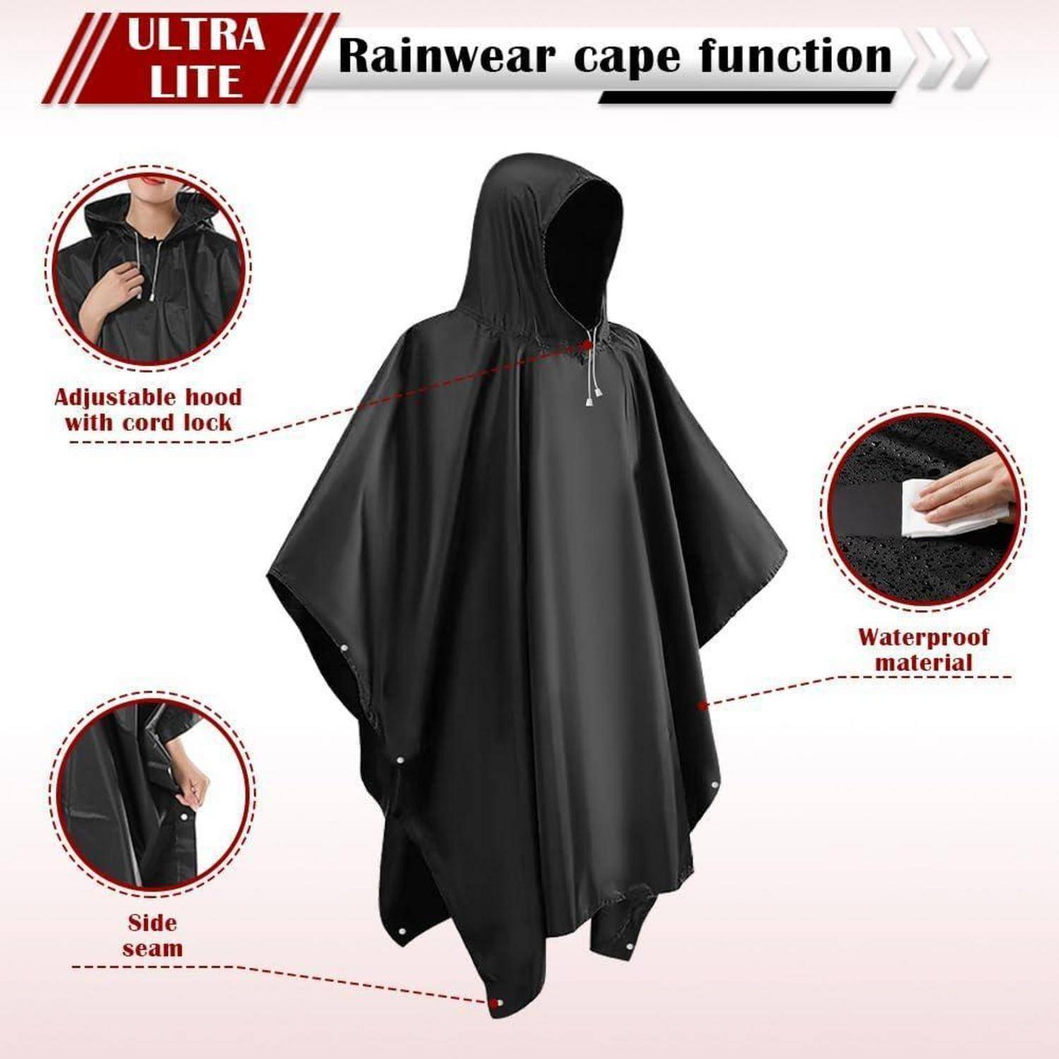 Regenumhang mit verstellbarer Kapuze, Seitennaht, wasserdichtem Material. Text lautet: ‚Ultra Lite Rainwear Cape Funktion.