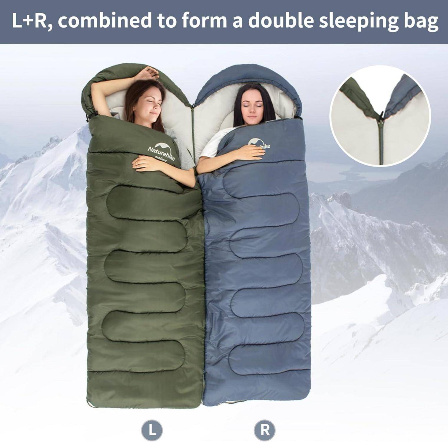 Zwei Personen liegen in separaten grünen und blauen Schlafsäcken, die mit 'L' und 'R' gekennzeichnet sind. Der Text oben lautet 'L+R, zusammengefügt zu einem Doppelschlafsack'.
