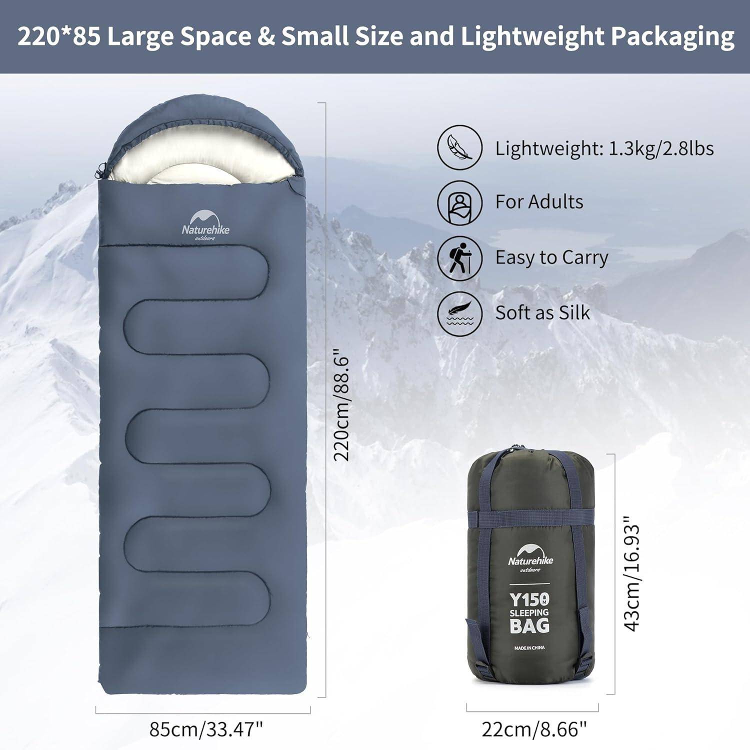 Schlafsack Produktbild mit Features: 'Leicht: 1,3kg/2,8lbs', 'Für Erwachsene', 'Leicht zu Transportieren', 'Weich wie Seide'. 220cm x 85cm Abmessungen.