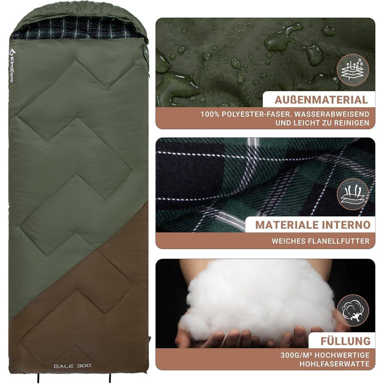 Schlafsack mit oliv-grünem und braunem Design. Zu den Merkmalen gehören wasserdichter Außenstoff, weicher Flanellinnenraum und Füllung in hoher Qualität.