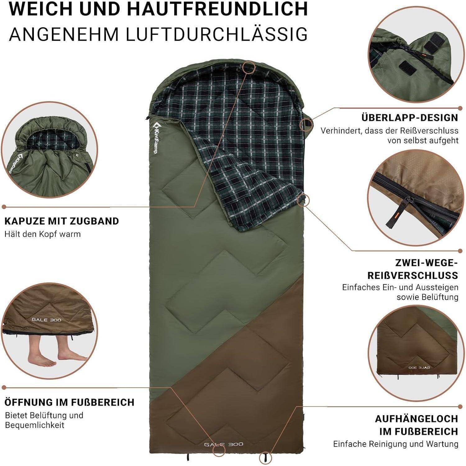 Schlafsack-Merkmale: Kapuze mit Kordelzug für Wärme, Belüftung im Fußbereich, Zweiwege-Reißverschluss für einfachen Zugang, Aufhängeschlaufen, Kragen-Design gegen Zugluft.