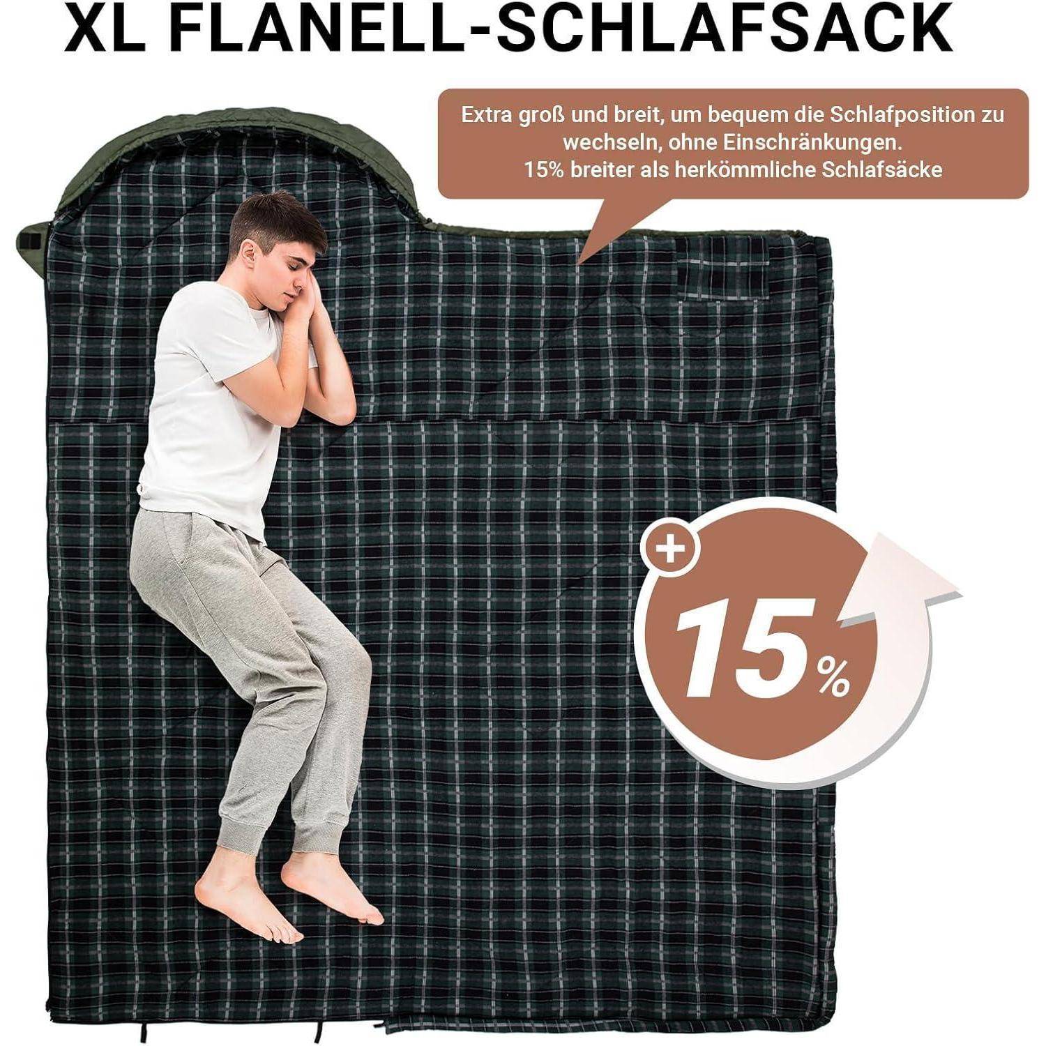 A person sleeps on a large, dark flannel sleeping bag text reads: 'XL Flanell-Schlafsack. 15% breiter als herkömmliche Schlafsäcke.