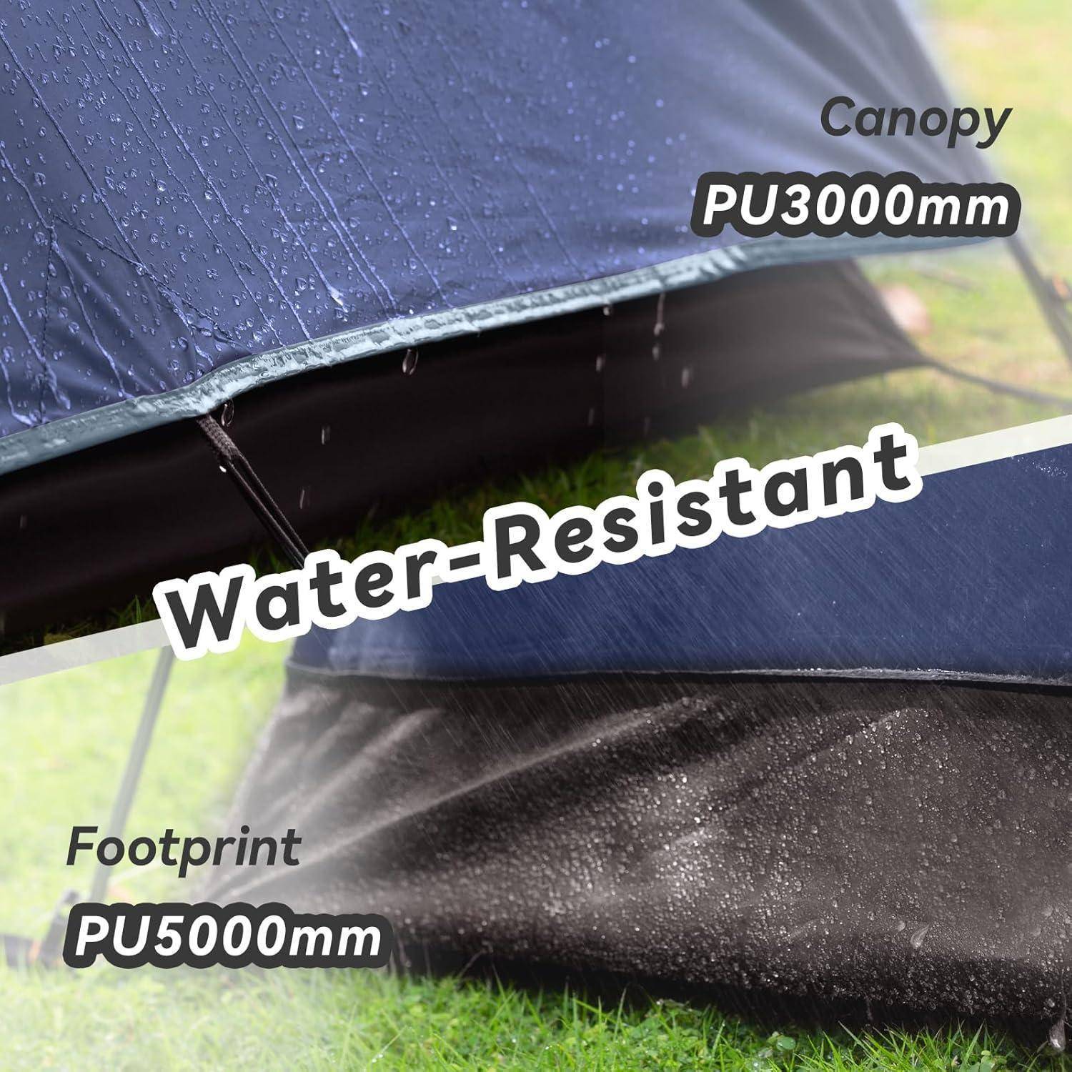 Zelt mit 'Wasserdicht'-Etikett zeigt Wassertropfen auf Zeltdach (PU3000mm) und Bodenwanne (5000mm), was auf hohe Widerstandsfähigkeit hinweist.