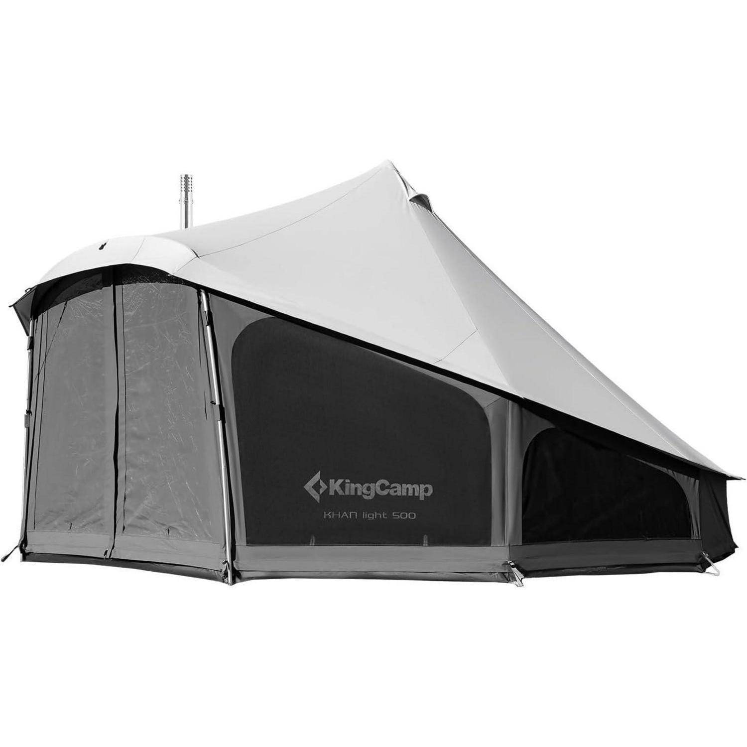 Ein großes, modernes Campingzelt mit spitzem Dach und durchsichtigen Netzpanels, mit der Aufschrift 'KingCamp'. Geeignet für Aufenthalte im Freien.