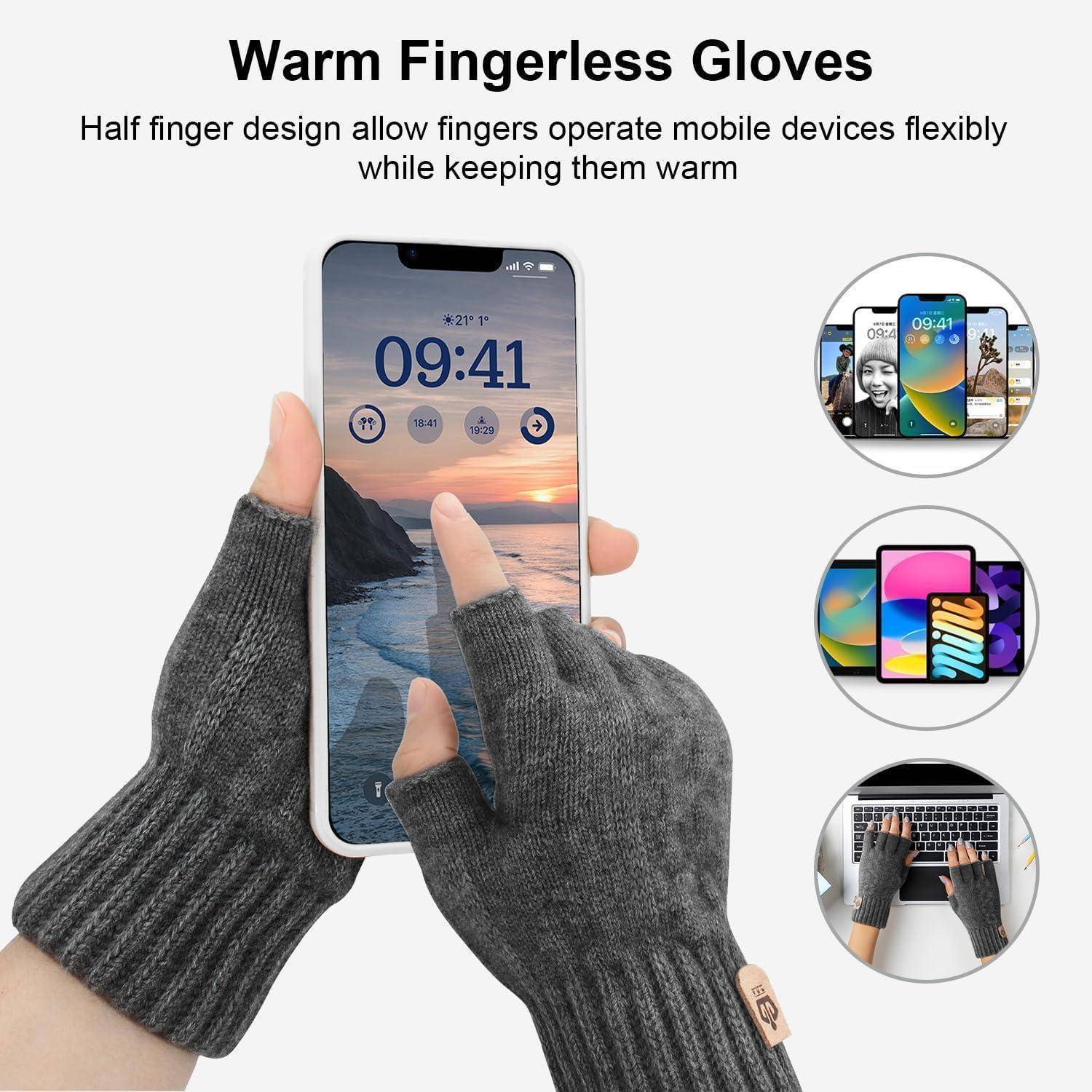 Warme Fingerlose Handschuhe: Das Halbfinger-Design ermöglicht Nutzern die Bedienung von mobilen Geräten bei gleichzeitiger Wärme der Hände. Mehrere Farboptionen werden gezeigt.