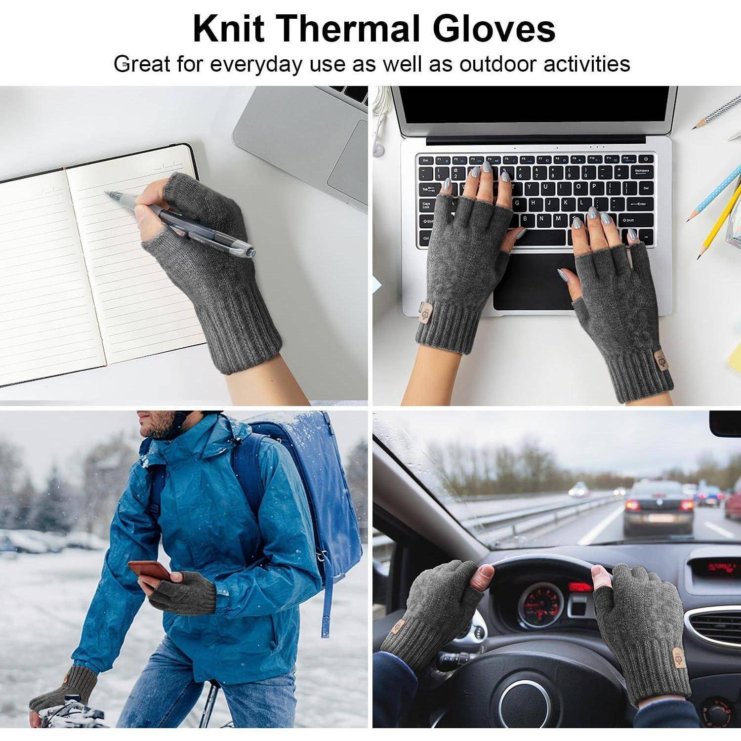 Gestrickte Thermo-Handschuhe, die beim Schreiben, Tippen, im Freien und beim Autofahren getragen werden und so ihre Vielseitigkeit für den Alltag und Outdoor-Aktivitäten veranschaulichen.