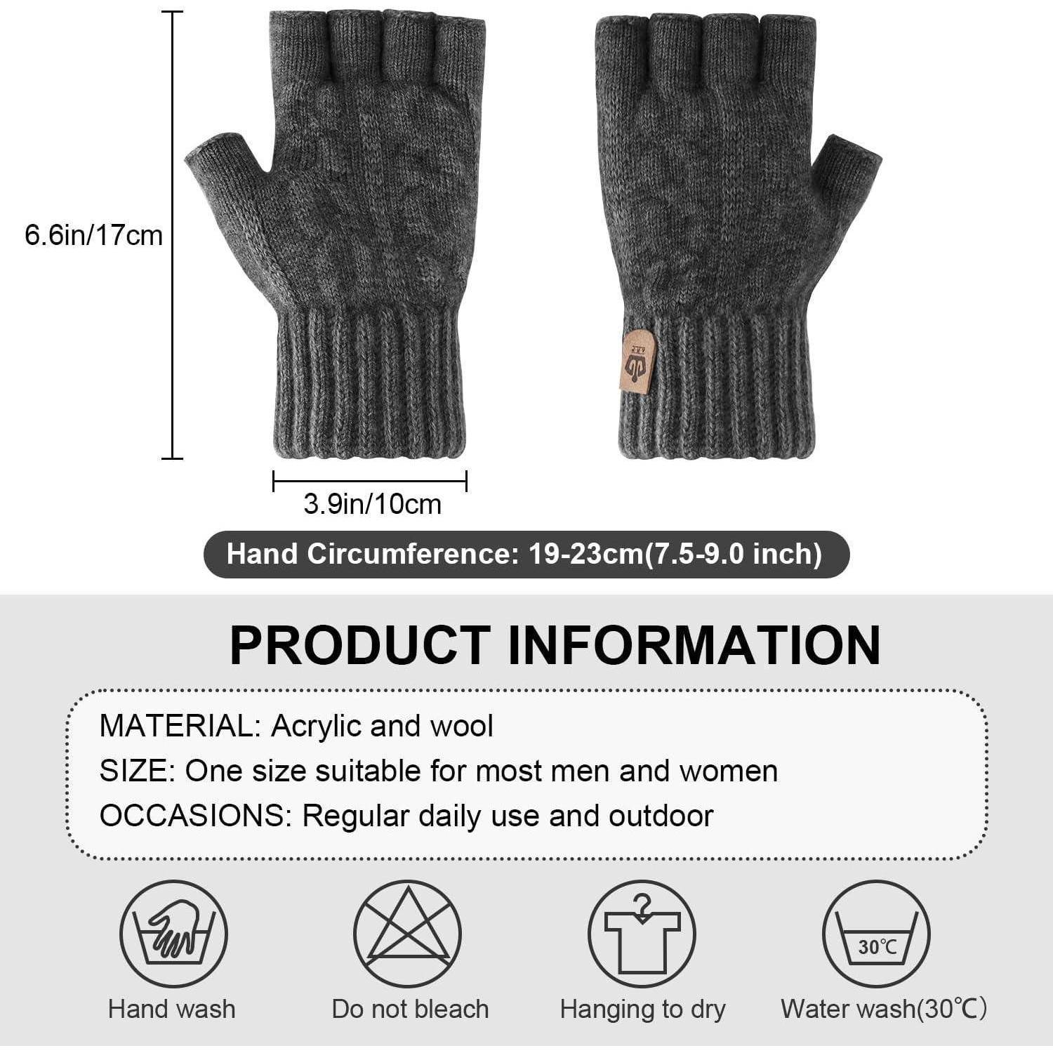 Schwarze fingerlose Handschuhe mit Maßen und Pflegeanweisungen: 'Handwäsche', 'Nicht bleichen', 'Zum Trocknen aufhängen', 'Waschen bei 30°C