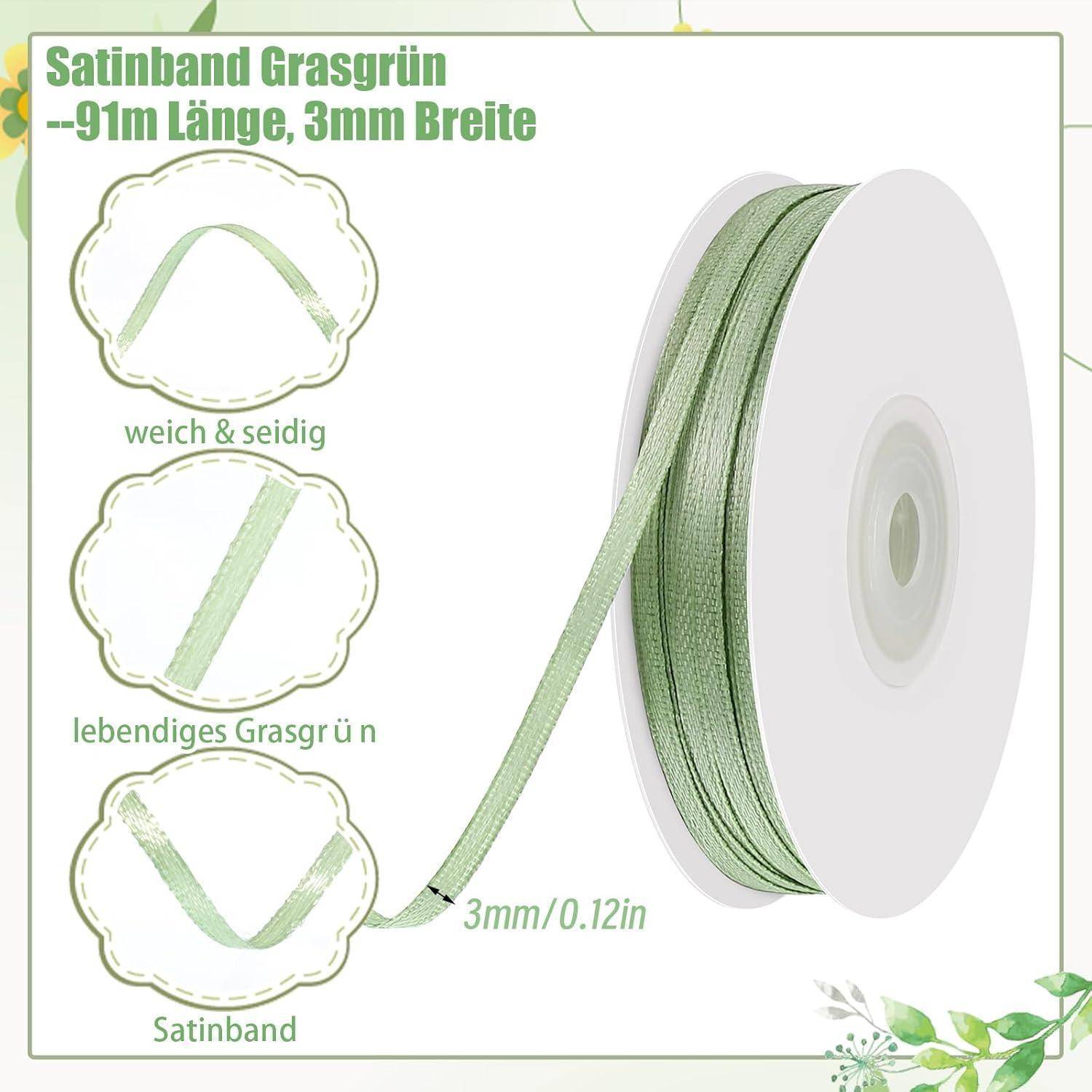 Grasgrüne Satin-Bandrolle, 91m Länge, 3mm Breite. Beschreibungen betonen eine weiche, seidenmatte Textur und leuchtende Farbe.