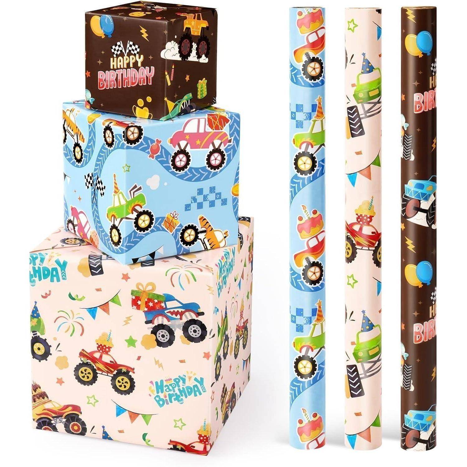 Geschenkboxen und Geschenkpapier mit farbenfrohen Rennwagendesigns, karierten Flaggen und 'Alles Gute zum Geburtstag' Text. Geeignet für Kindergeburtstaggeschenke.