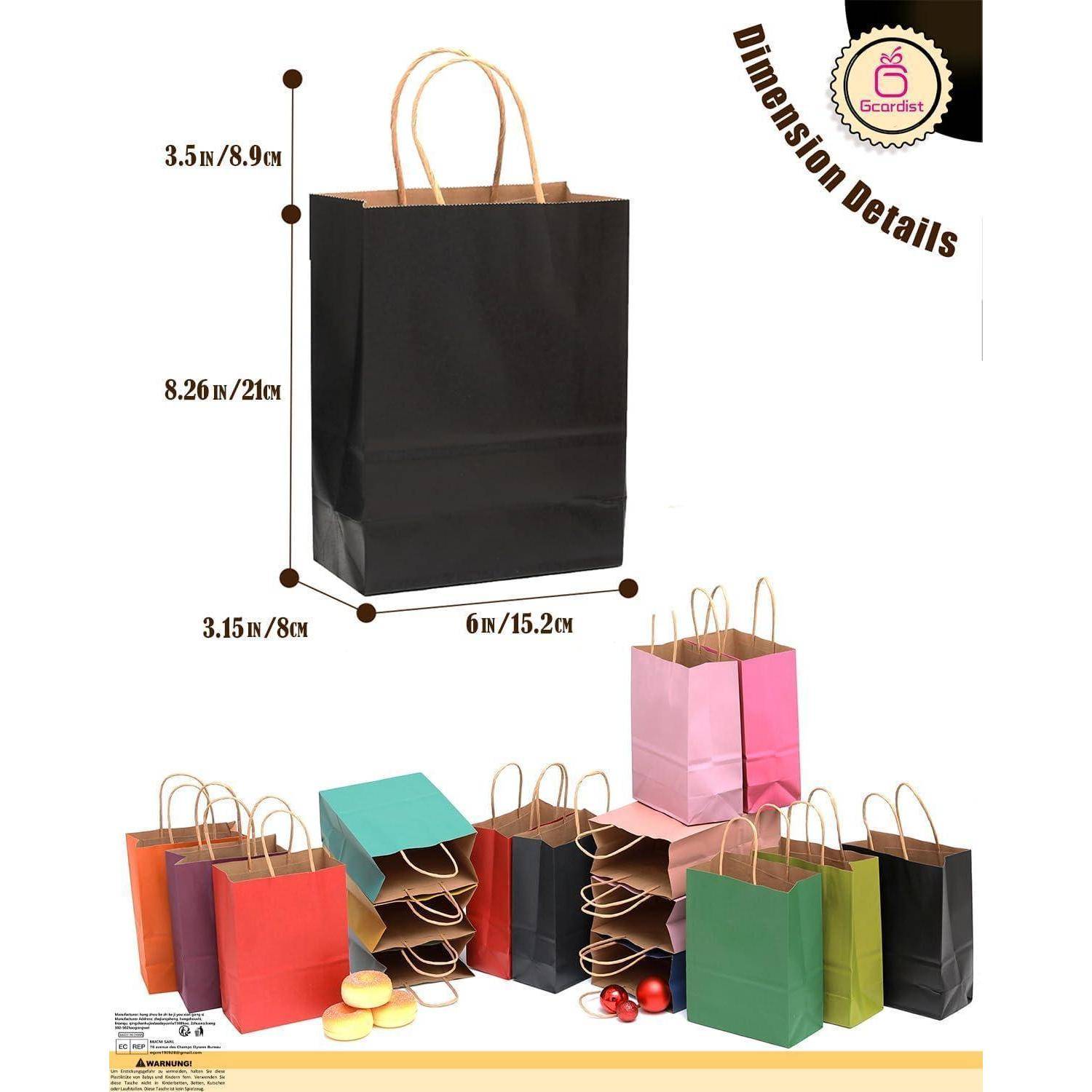 Verschiedenfarbige Papiertüten mit Abmessungen: 3,5 Zoll x 8,9 Zoll, 8,26 Zoll x 21 cm, 3,15 Zoll x 8 cm, 6 Zoll x 15,2 cm präsentiert.