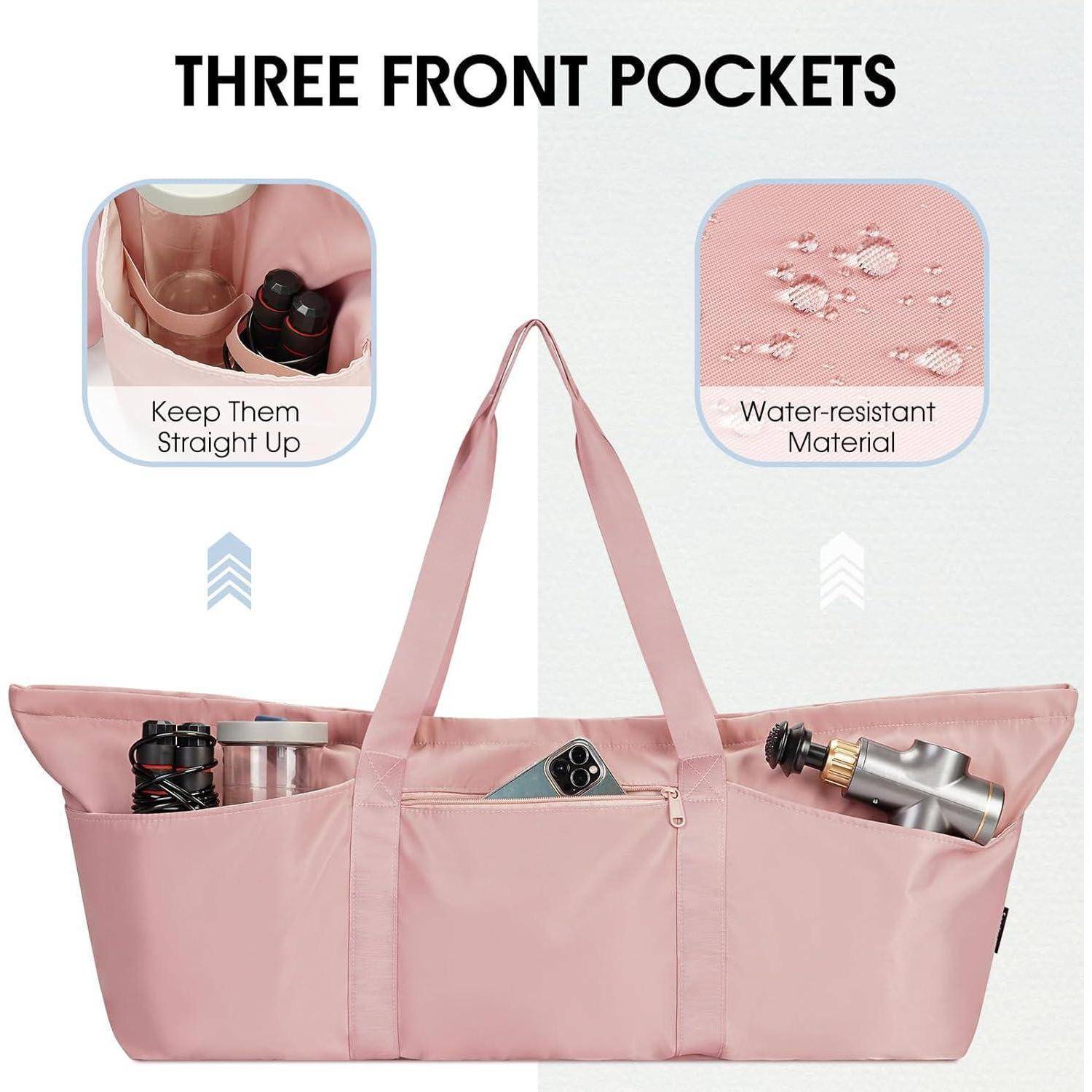 Eine rosa Tragetasche mit drei Vordertaschen hält verschiedene Gegenstände. Eingesetzte Bilder heben die Funktion 