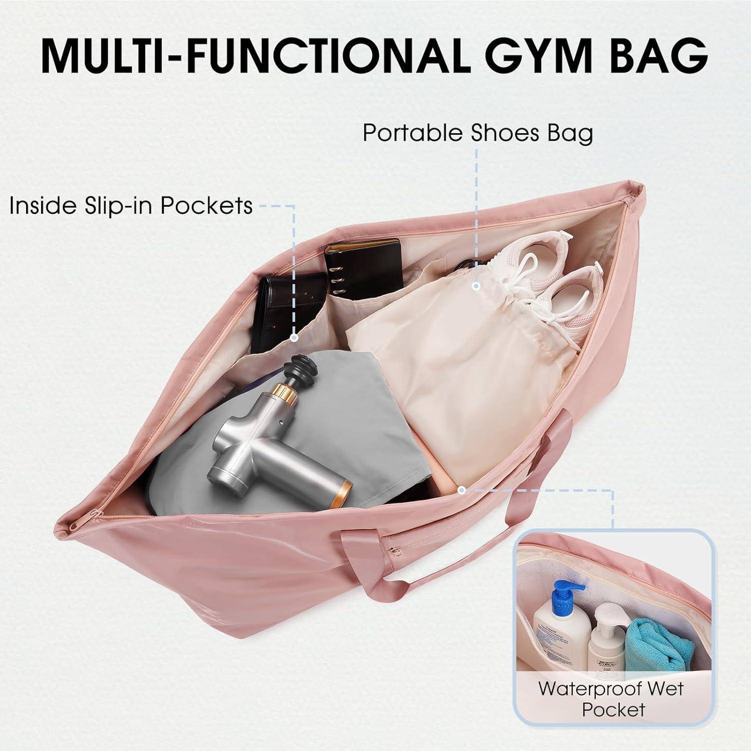 Eine rosa multifunktionale Sporttasche ist geöffnet und zeigt Innentaschen zum Einstecken, einen tragbaren Schuhbeutel und eine wasserdichte Nasstasche mit Toilettenartikeln.