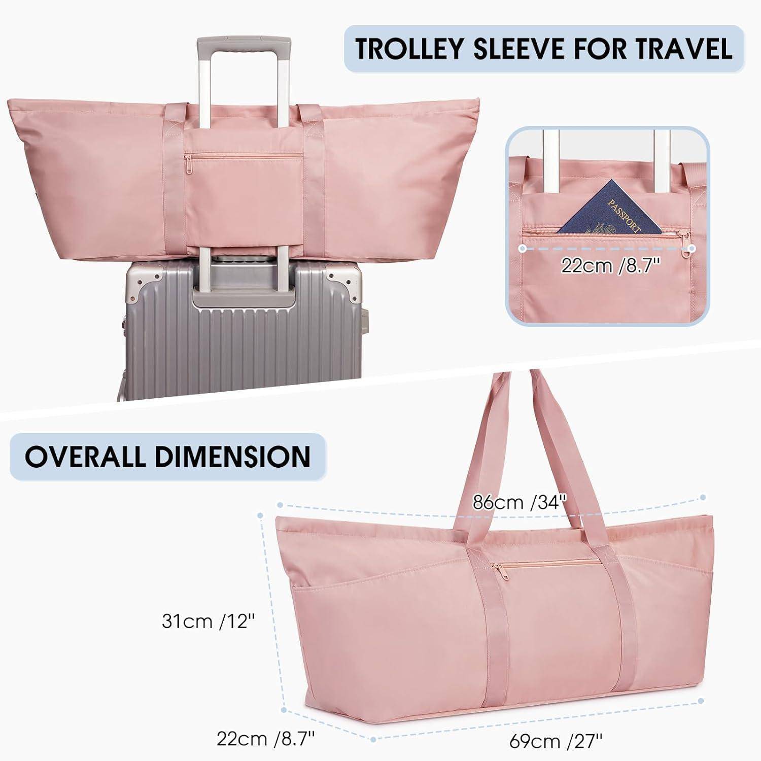 Ein rosa Reisekoffer mit Trolley-Schlaufe, die an einem Koffergriff befestigt ist. Abmessungen: 86 cm/34