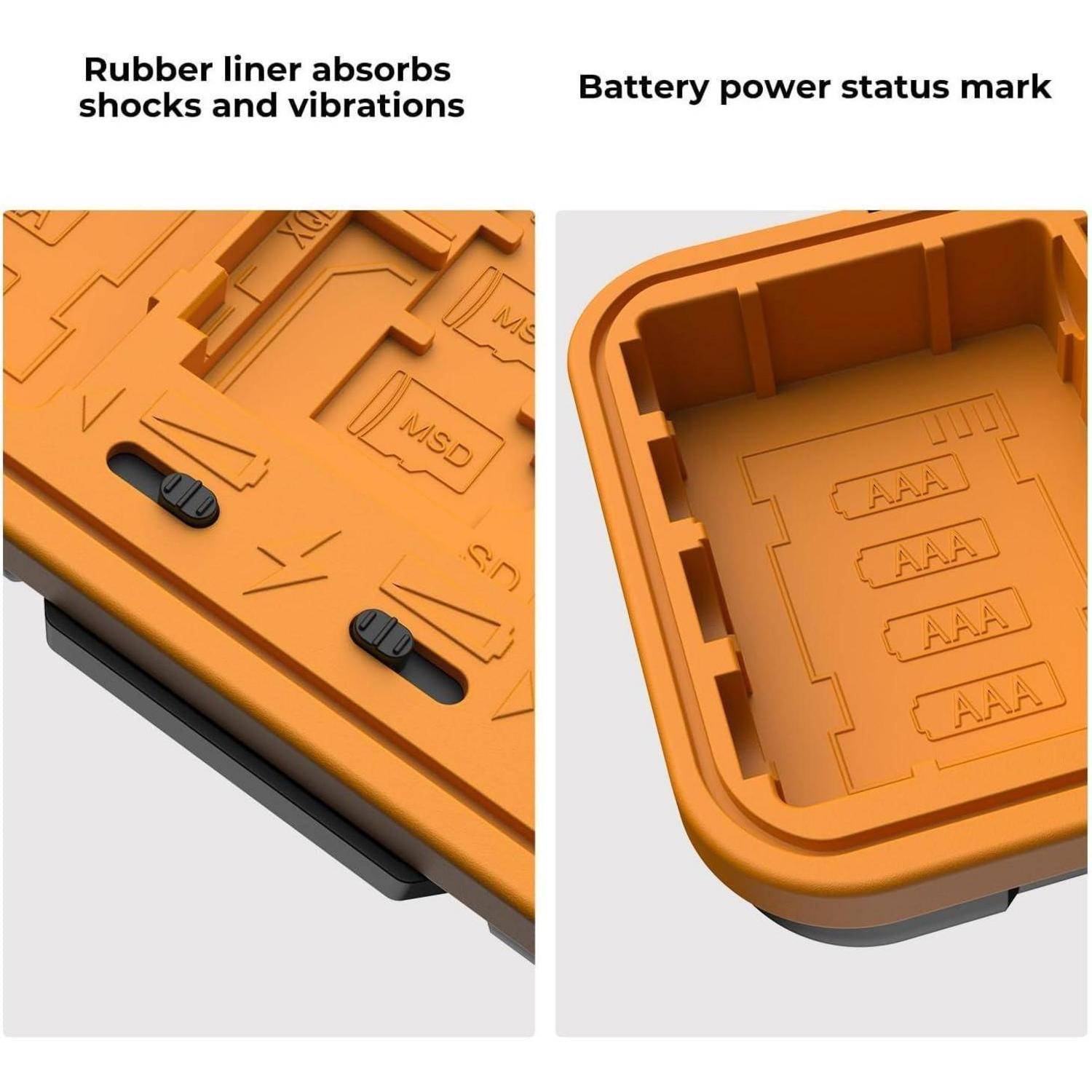 Gummierung dämpft Stöße und Vibrationen. Batteriestatusanzeige. Das Bild zeigt ein robustes orangefarbenes Gerät mit detaillierten Batteriefächern.