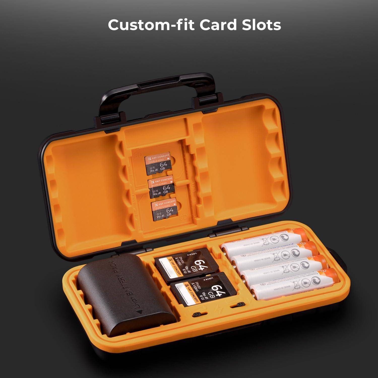 Offenes orangefarbenes Kartenetui mit drei Speicherkarten, zwei größeren Karten und vier Batterien, beschriftet mit ‚Maßgeschneiderte Kartenfächer'.