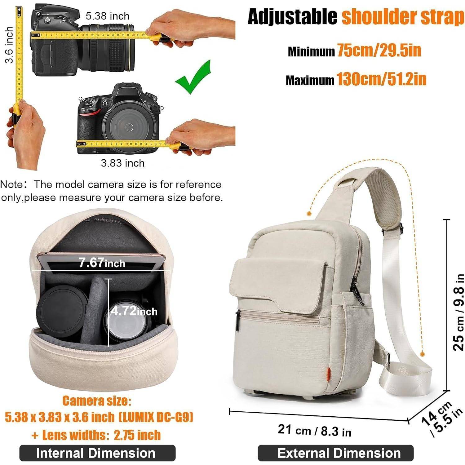 Umhängetasche mit verstellbarem Schultergurt (75-130 cm). Außenmaße: 32x21x14 cm, passt für Kameras bis zu 7,67x4,72 Zoll. Inklusive verstellbarer Trennwände.