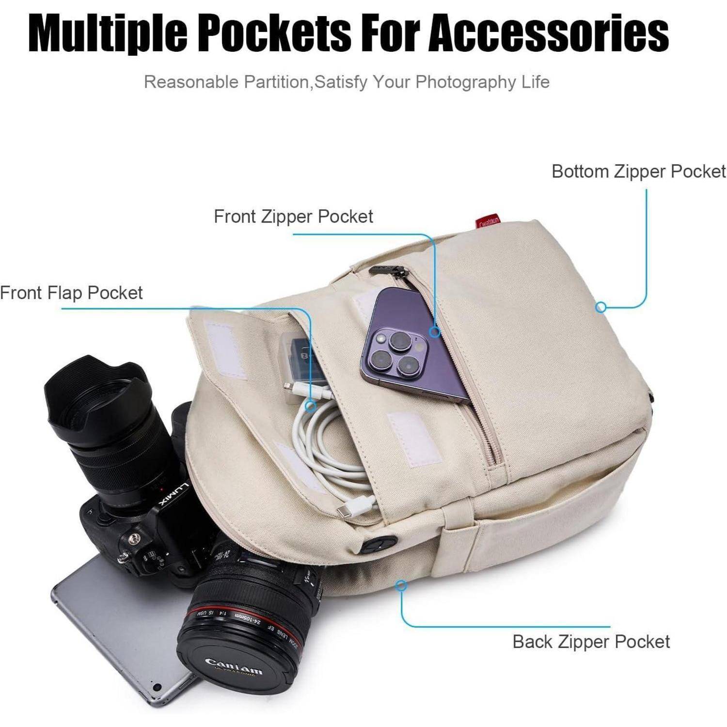 Eine beige Fotografie-Tasche mit beschrifteten Taschen enthält ein Telefon, Kopfhörer und Kameraausrüstung. Der Text lautet: „Mehrere Taschen für Zubehör.