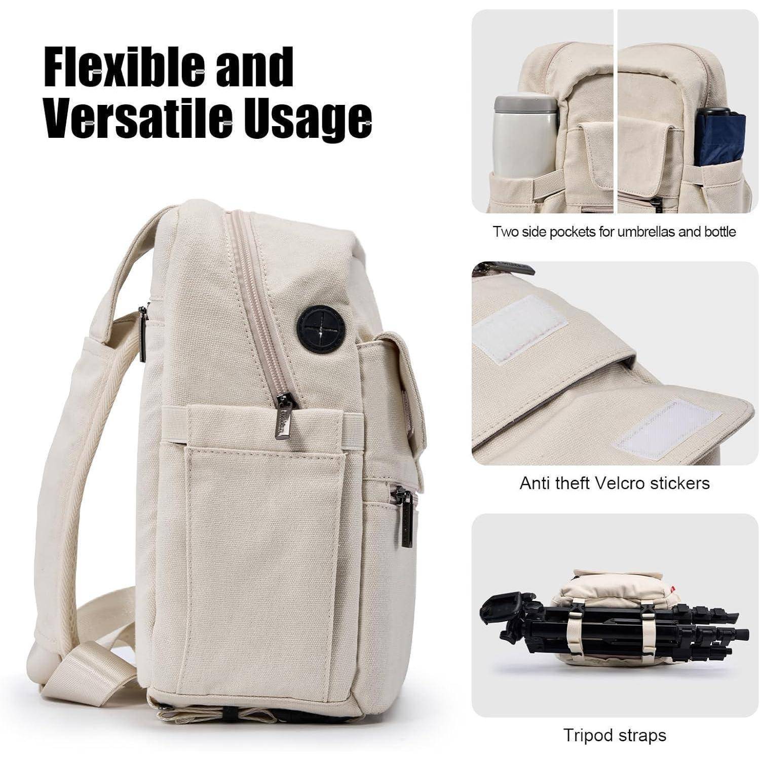 Leinwand-Rucksack mit seitlichen Taschen für Regenschirme und Flaschen, diebstahlsicherer Klettverschluss und Stativriemen. Text: Flexibel und vielseitig nutzbar.