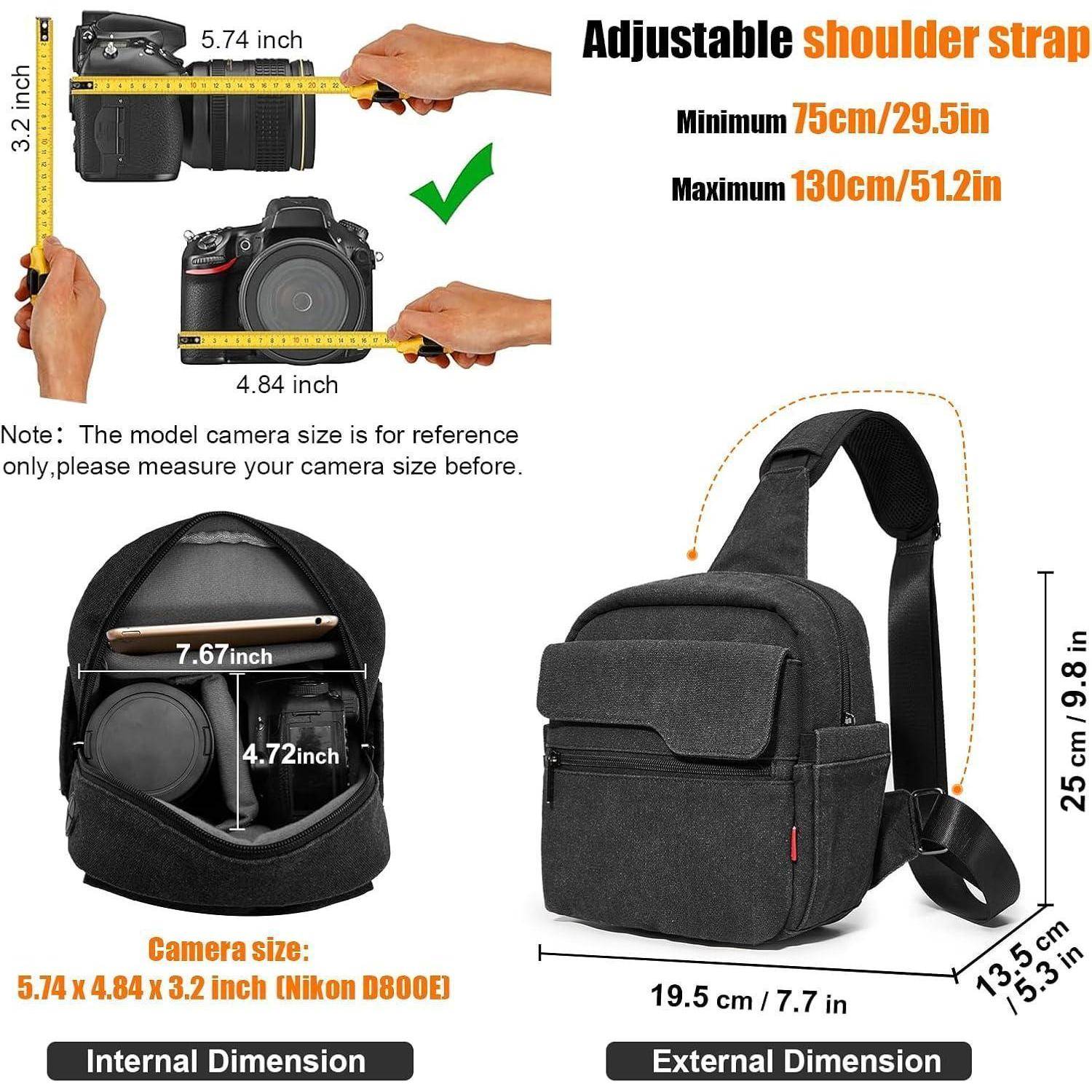 Kamera-Tasche mit verstellbarem Schultergurt. Passt für Kameras mit Größen bis zu 14,6 x 12,3 x 8,1 cm. Abmessungen: 19,5 cm x 25 cm.