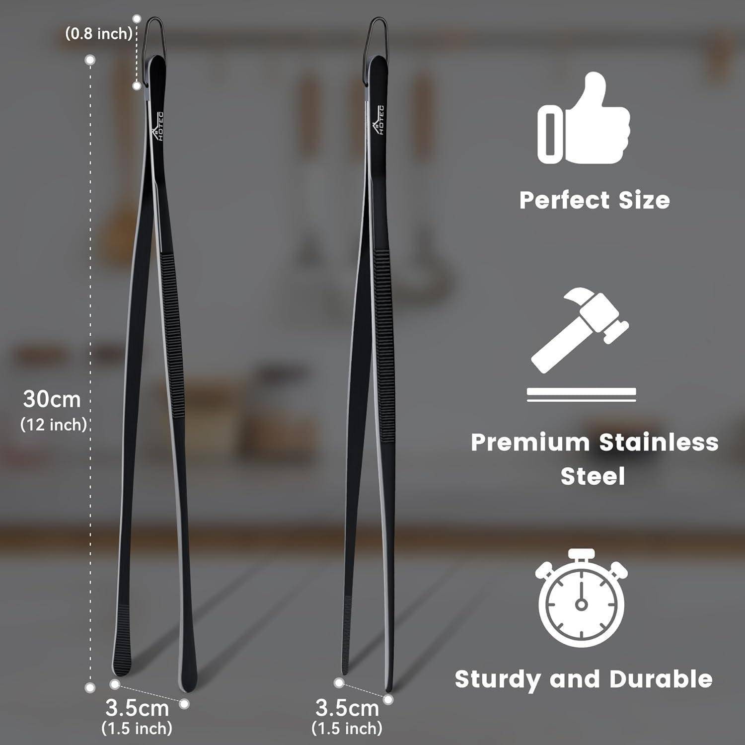 Zange 30 cm (12 Zoll) lang, perfekte Größe, Premium-Edelstahl, robust und langlebig.' Bilder von Zangen mit Symbolen für Größe, Material und Haltbarkeit.