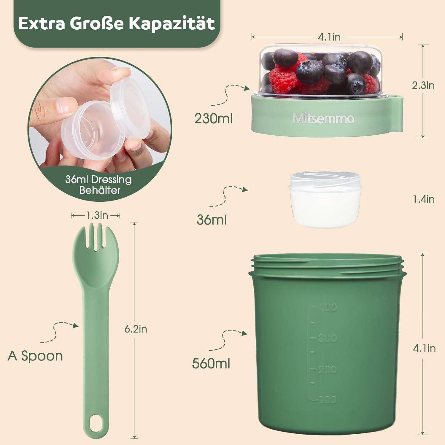 Lunch-Behälter-Set mit einer Hauptschüssel von 560 ml, einer 36 ml Dressingdose und einem Löffel. Beinhaltet einen kleineren Behälter für Snacks oder Toppings.