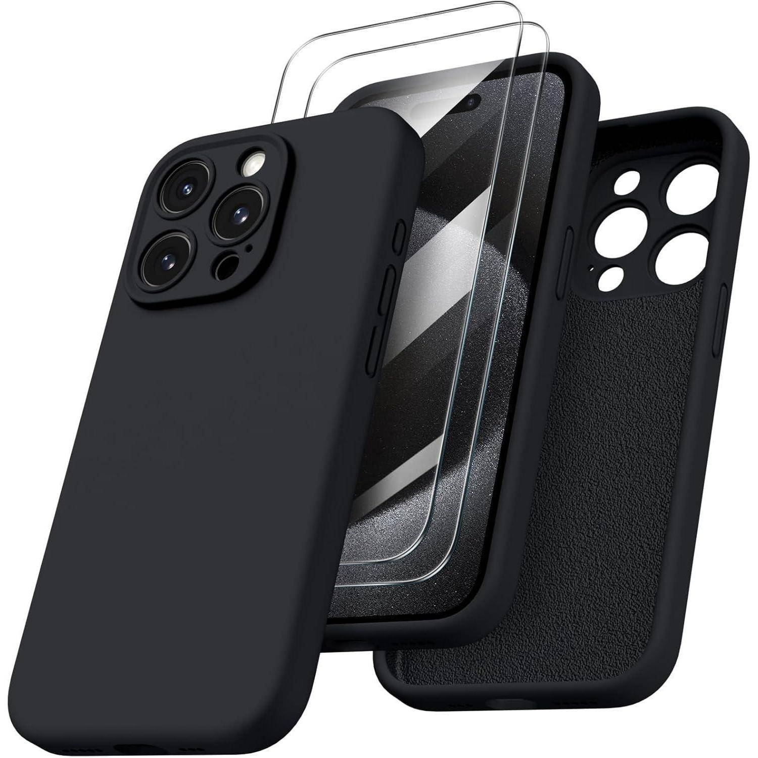 Eine schwarze Smartphone-Hülle mit zwei Schutzfolien für den Bildschirm. Die Hülle verfügt über Aussparungen für die Kamera und Tasten und zeigt damit ihr Design.