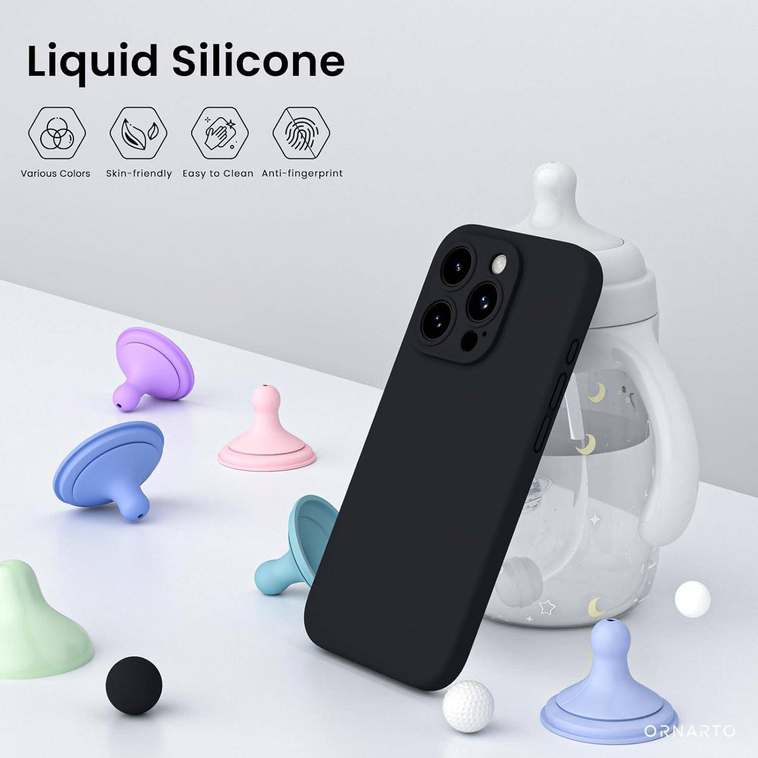Schwarze Smartphone-Hülle steht in der Nähe von pastellfarbenen Spielzeugen und einer Babyflasche. Oberer Text liest sich 