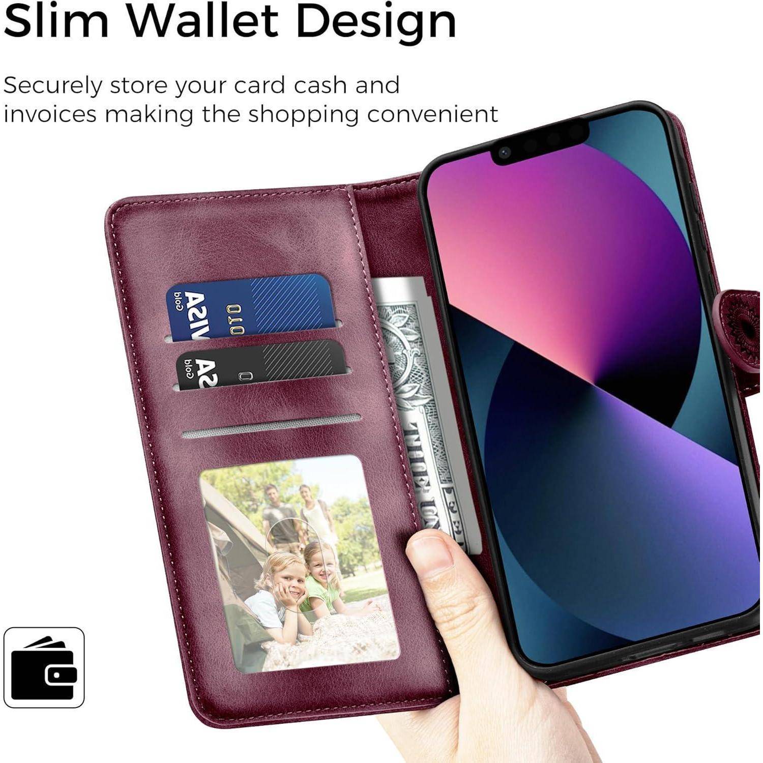Design eines schmalen Geldbörse: Telefon-Brieftasche, die zwei Karten, Bargeld und ein Foto hält, neben einem Smartphone. Der Text betont die Bequemlichkeit beim Einkaufen.