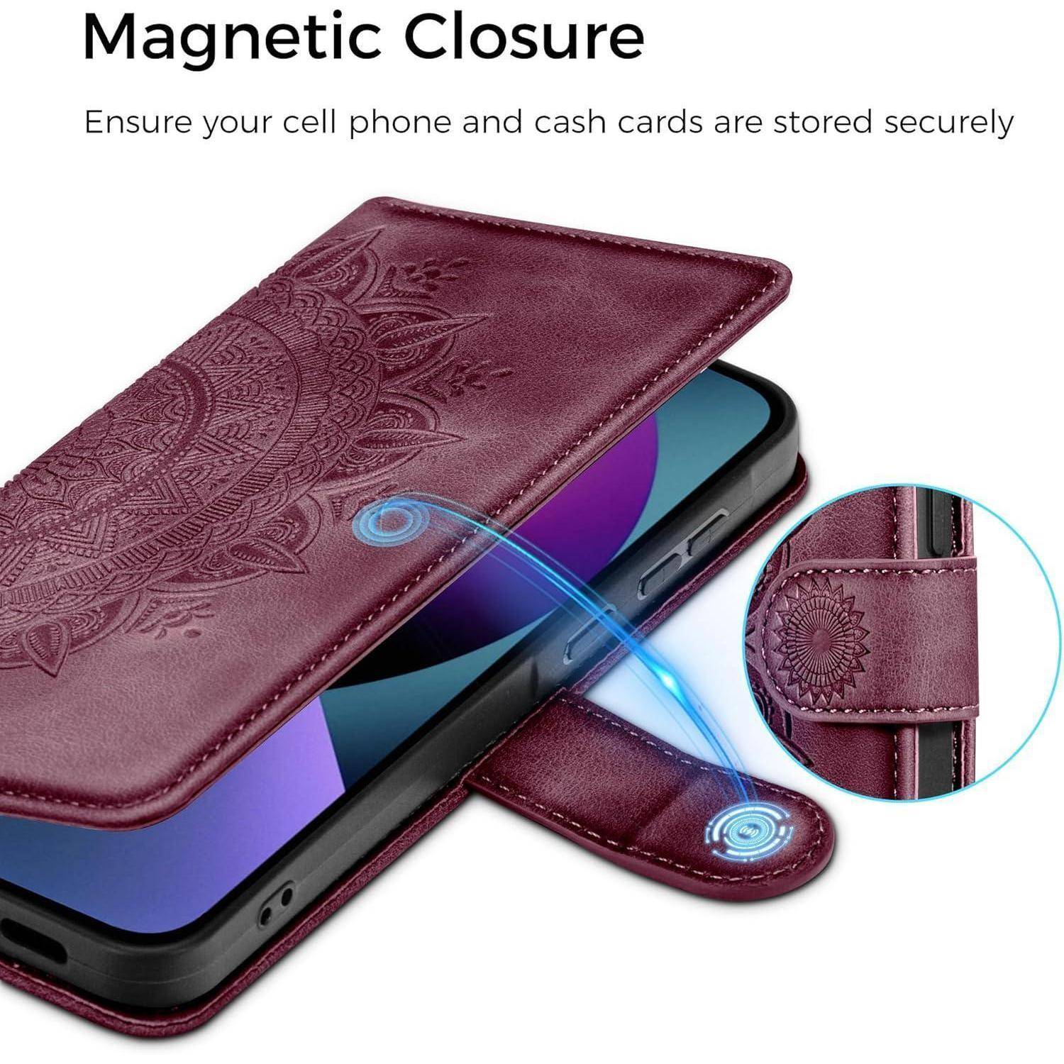 Handyhülle aus Leder in Bordeauxrot mit floralem Design, ausgestattet mit einem magnetischen Verschluss, der das Handy und den Kartenfach sichert.