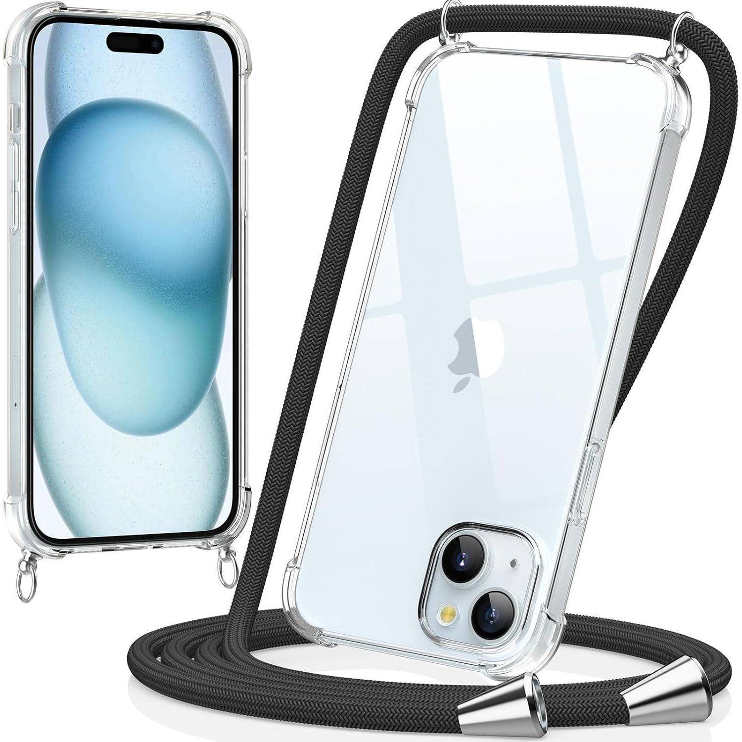 Transparente Handyhülle mit schwarzer Kordel für ein iPhone, die Vorder- und Rückansicht zeigt und das Gehäusedesign mit Lanyard präsentiert.