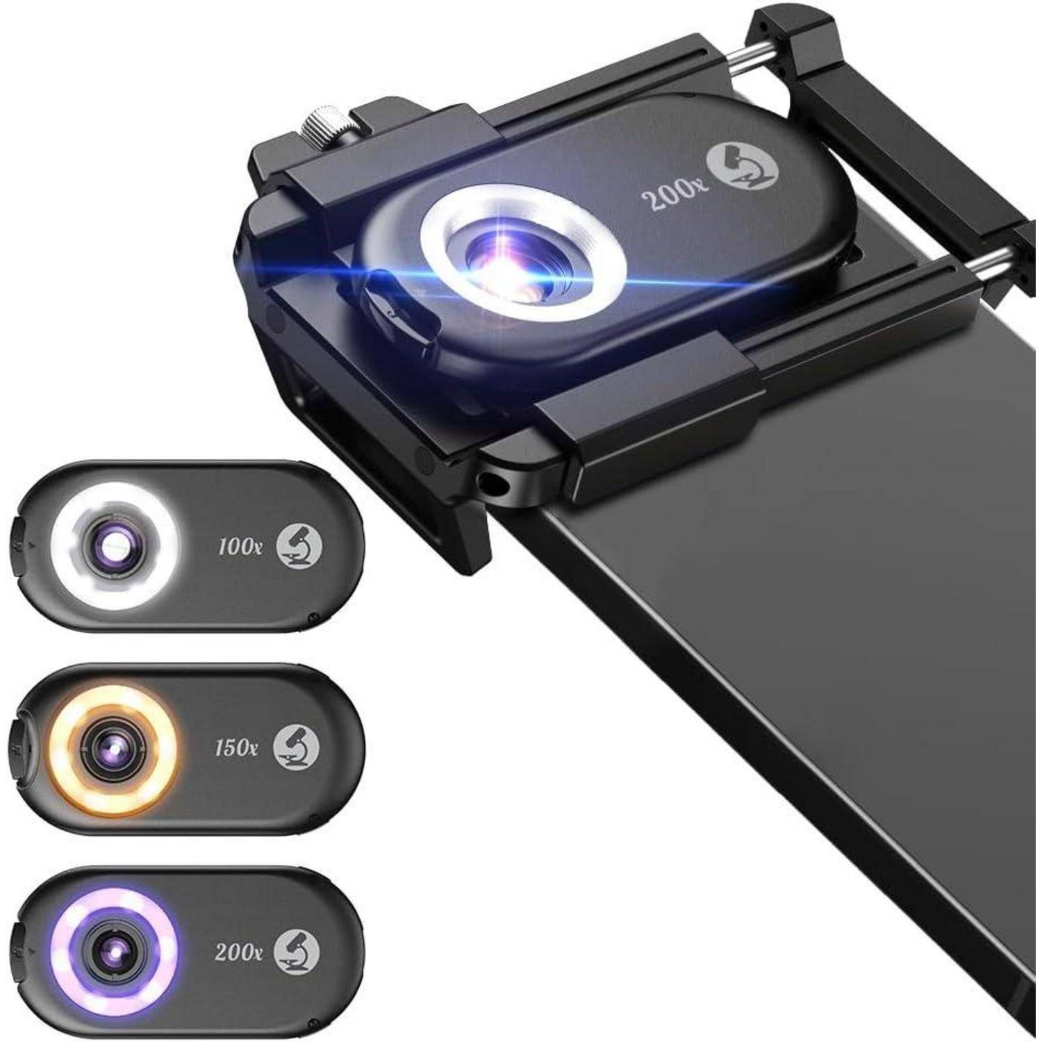 Ein Smartphone-Clip-on-Mikroskop mit drei Objektivvergrößerungen: 100x, 150x und 200x, ausgestattet mit entsprechenden LED-Beleuchtungen für jede Vergrößerungsstufe.