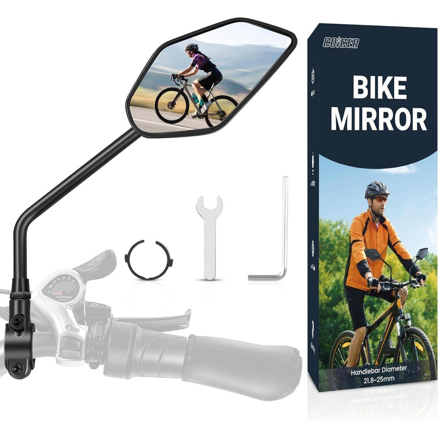 Fahrradspiegel mit Spiegelung eines Radfahrers, der auf einer Straße fährt, inklusive Montagewerkzeug, neben einer Produktverpackung, die einen weiteren Radfahrer zeigt.