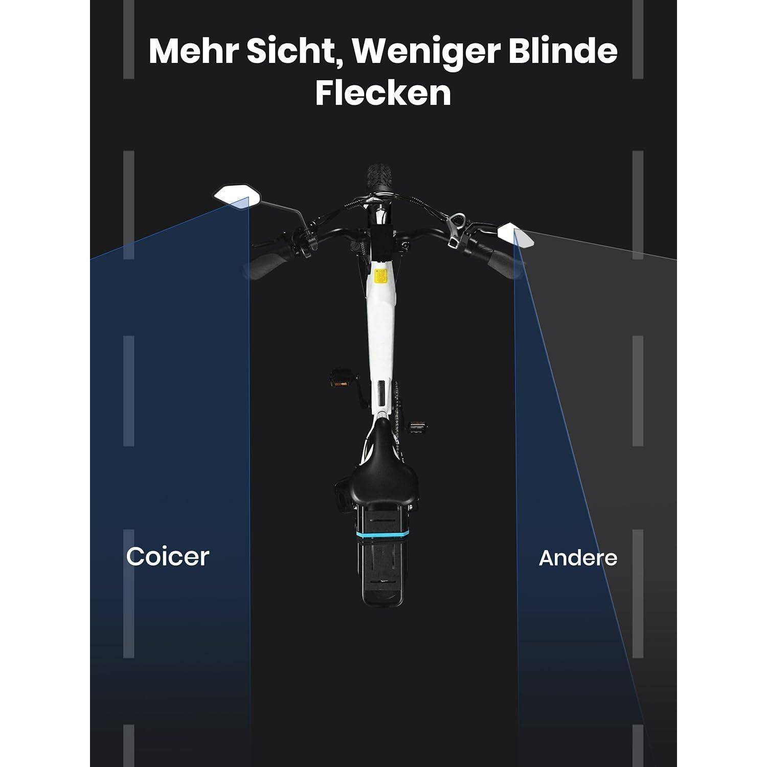 Blick von oben auf einen Fahrradlenker mit zwei Lichtstrahl-Darstellungen. Text lautet: 'Mehr Sicht, Weniger Blinde Flecken' mit Vergleich von 'Coicer' und 'Andere'.