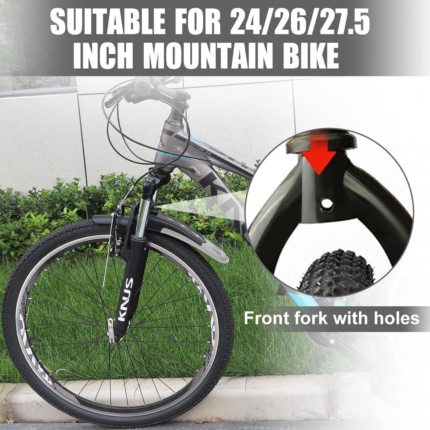 Frontansicht eines Mountainbikes mit Vordergabel und Reifen mit dem Text 