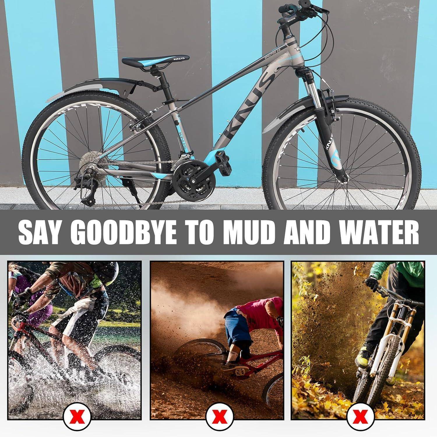Ein Mountainbike wird über drei Bildern von Radfahrern präsentiert, die unter schlammigen und nassen Bedingungen fahren, mit dem Text 
