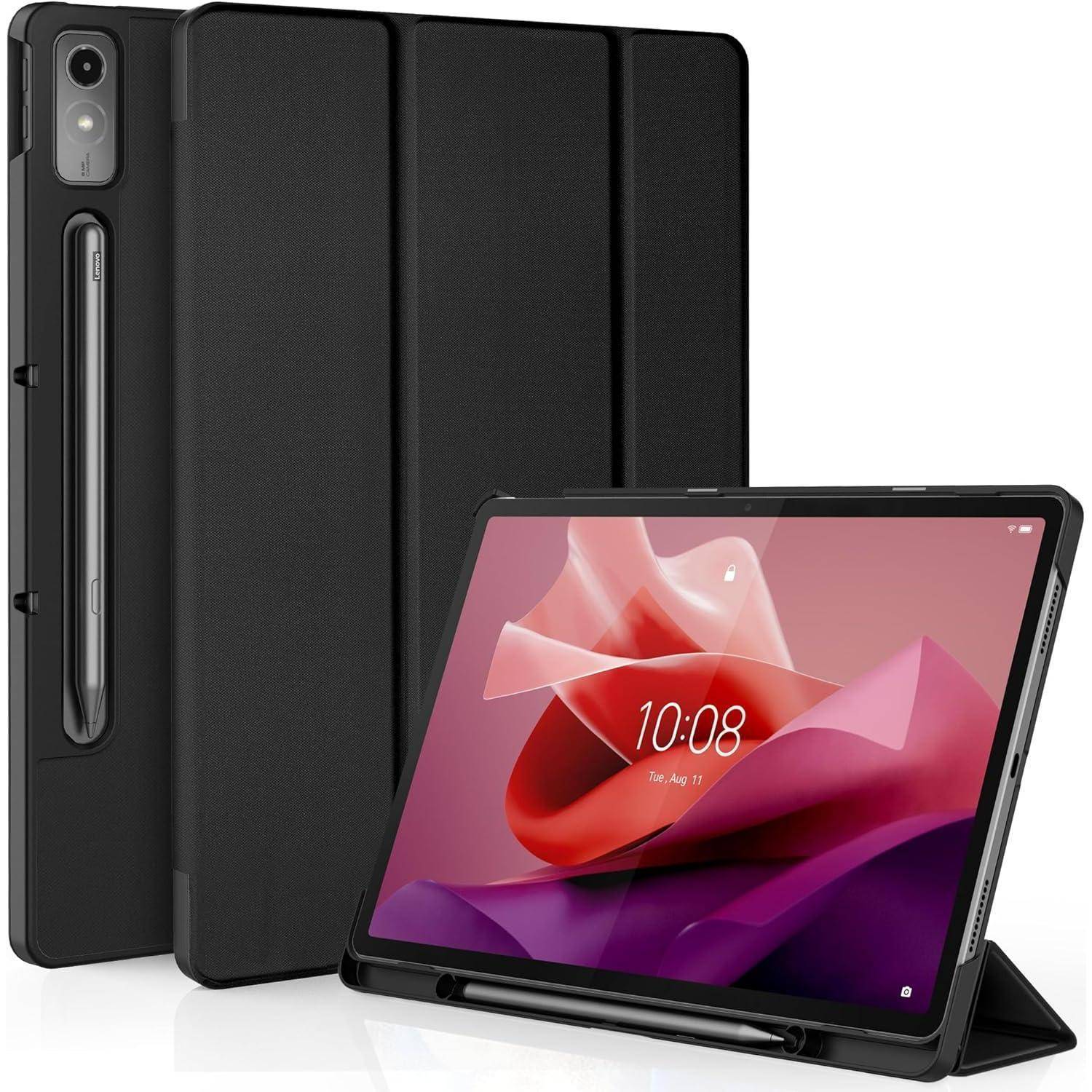 Ein Tablet mit einem schlanken schwarzen Gehäuse, von hinten und vorne präsentiert, das den Startbildschirm mit der Uhrzeit '10:08' auf einem minimalistischen Hintergrund zeigt.
